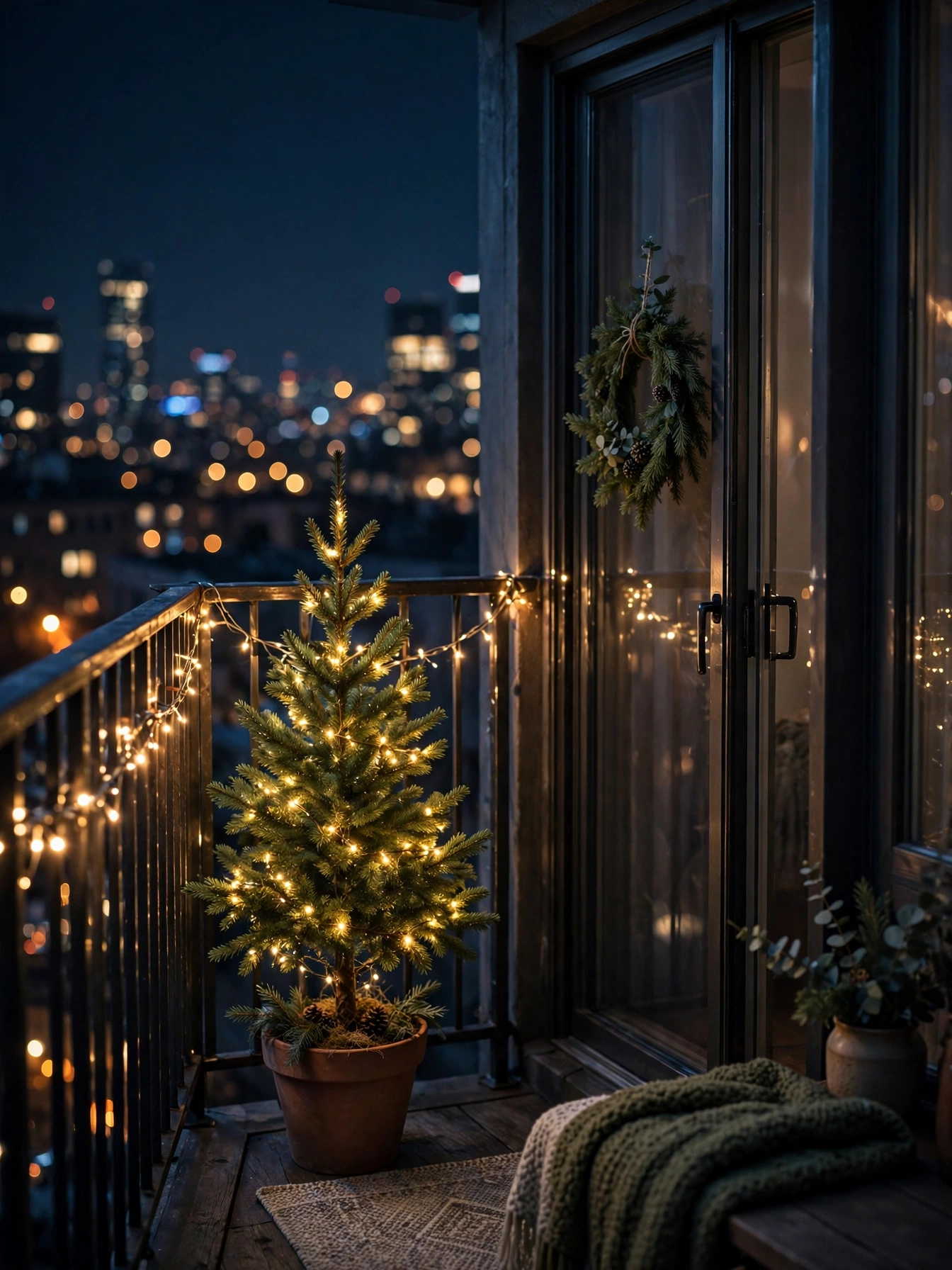 Small apartment balcony with mini tree and string lights glowing at night, a compact christmas outdoor decor ideas 2026 setup