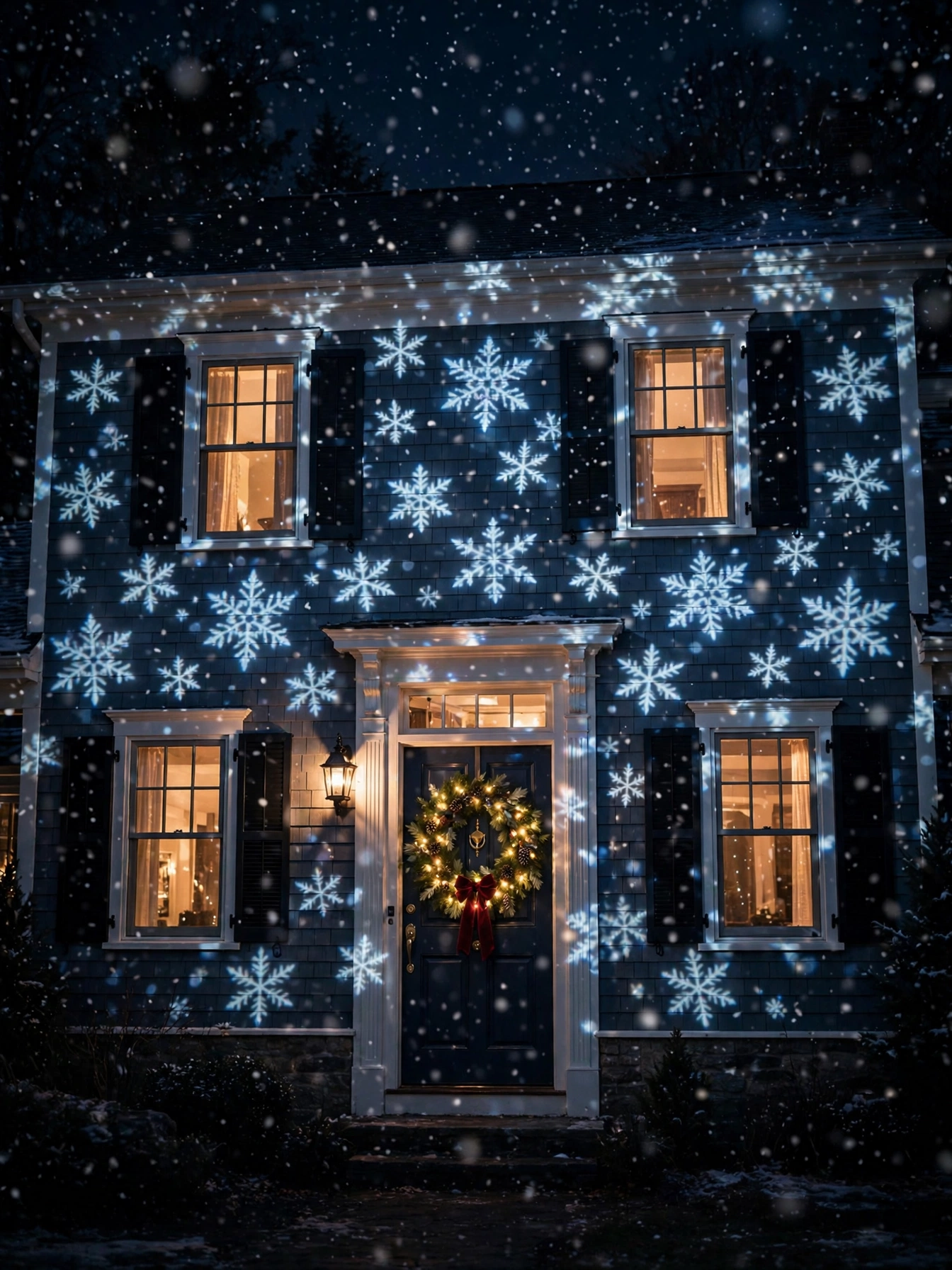 House facade covered in projected falling snowflakes glowing at night, a magical christmas outdoor decor ideas 2026 effect