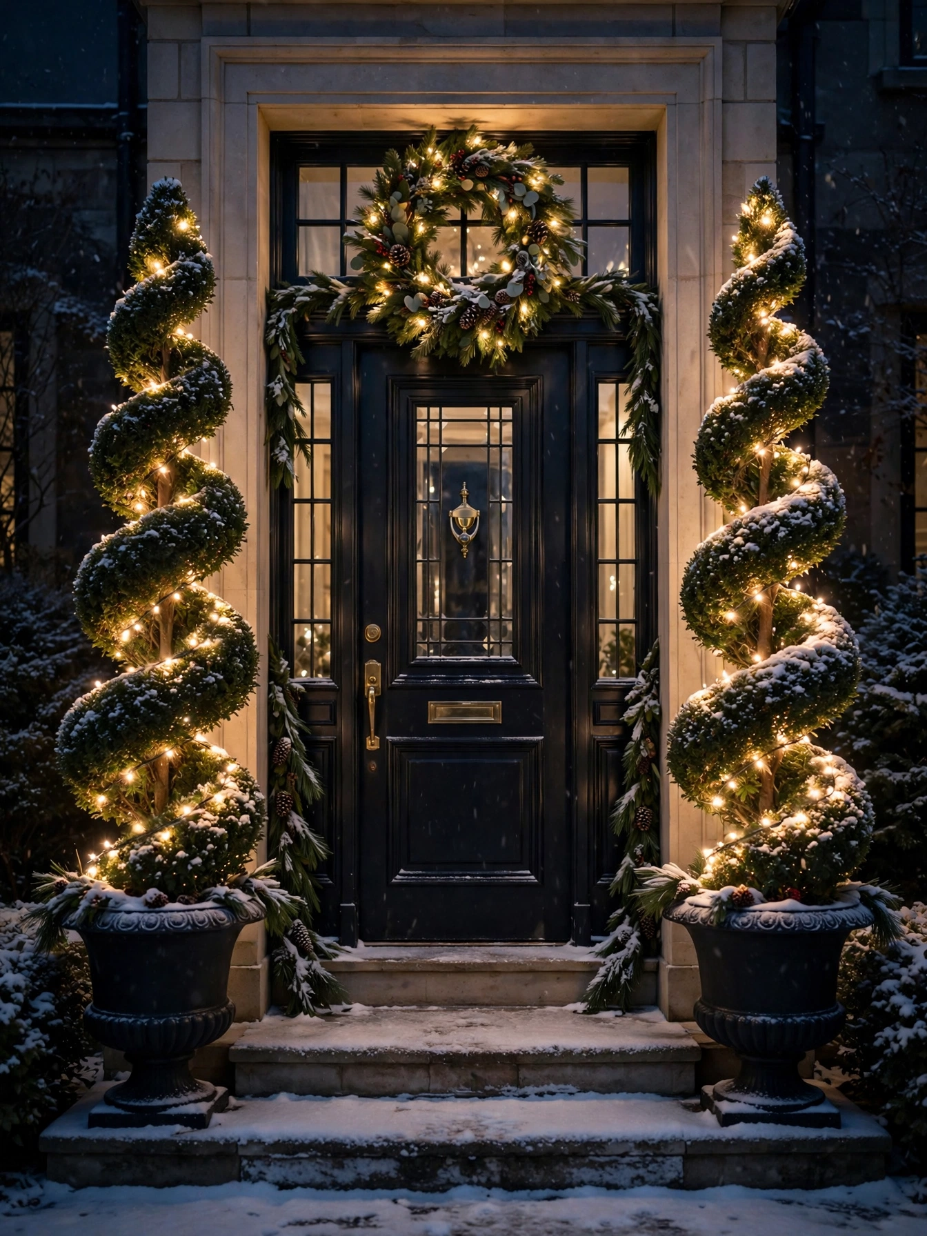 Two spiral topiaries wrapped in lights flanking a front door at night, a polished christmas outdoor decor ideas 2026 entry