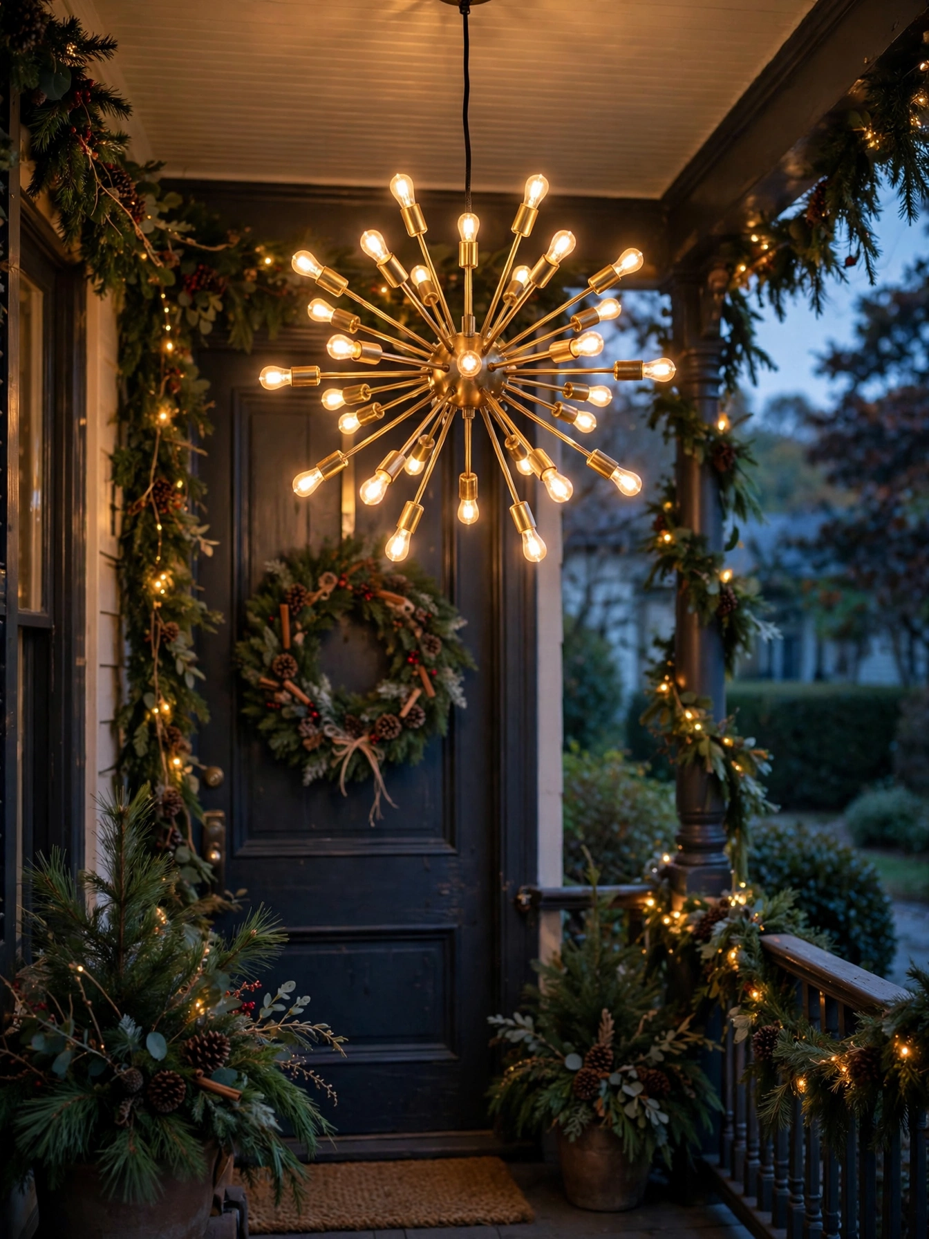Brass starburst pendant light glowing over a decorated front porch at dusk, a striking christmas outdoor decor ideas 2026 fixture