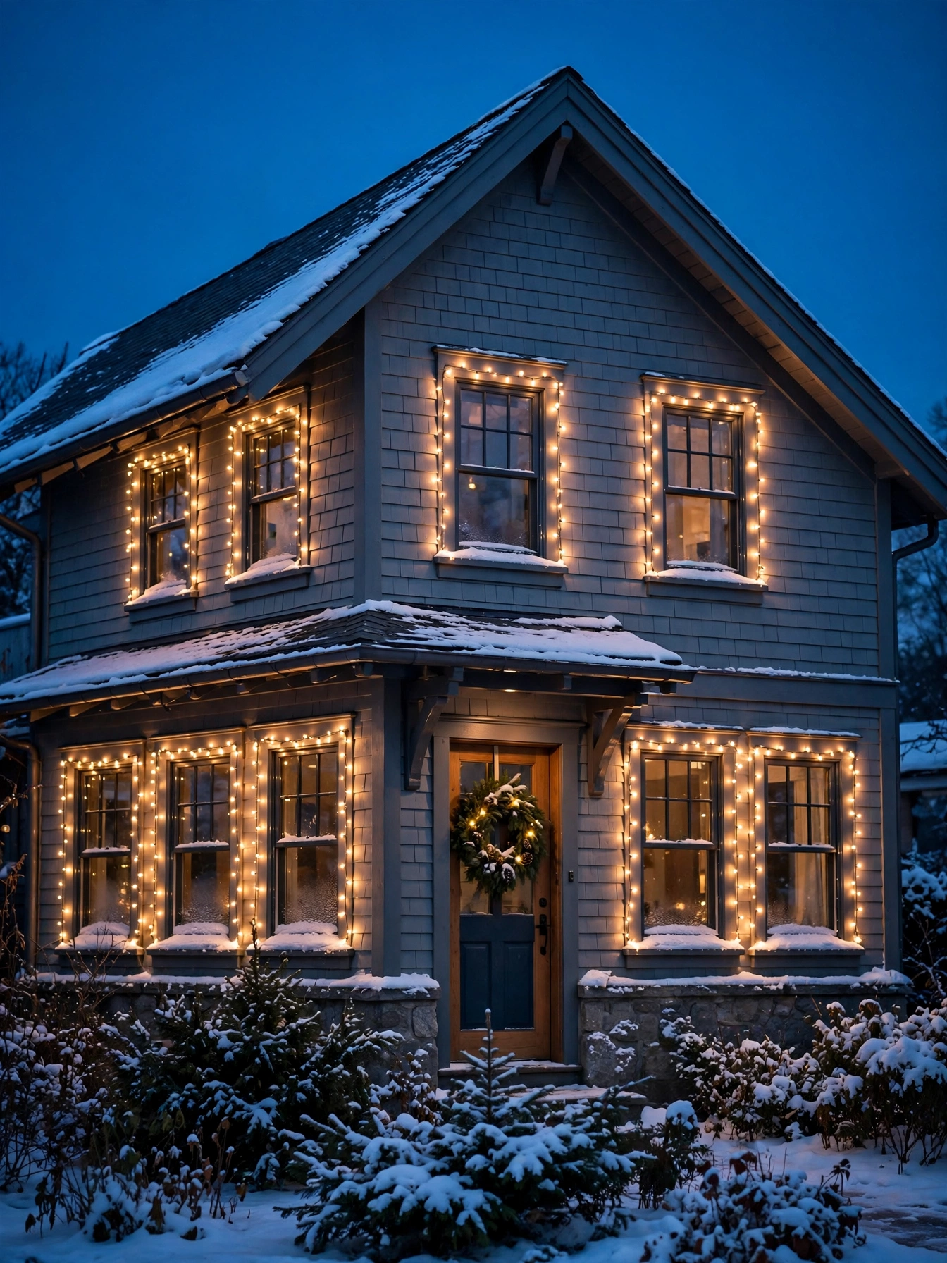 House windows outlined with warm white string lights glowing at dusk, a cheerful christmas outdoor decor ideas 2026 lighting idea