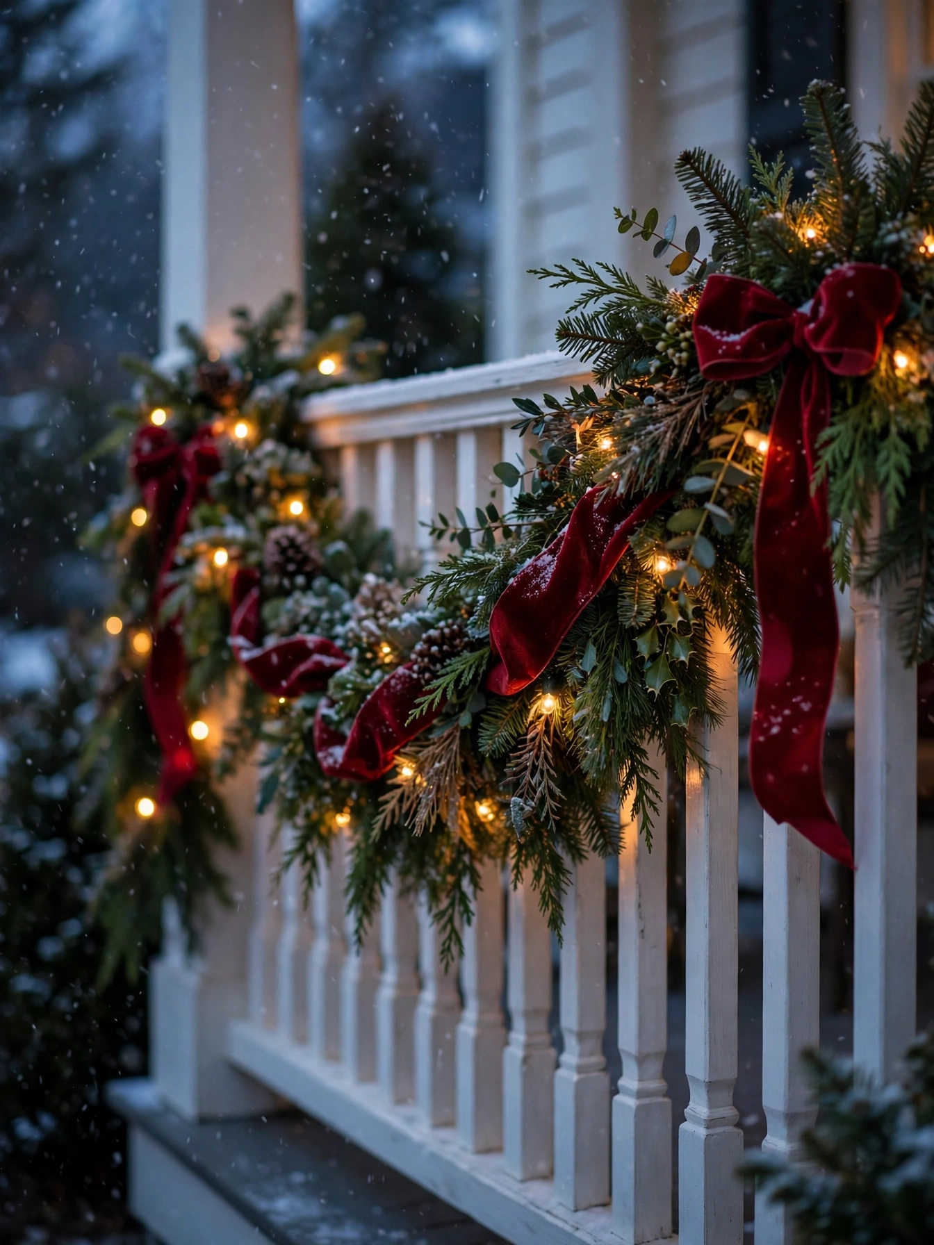 Thick evergreen garland with deep red velvet ribbon draped on a porch railing, an elegant christmas outdoor decor ideas 2026 detail