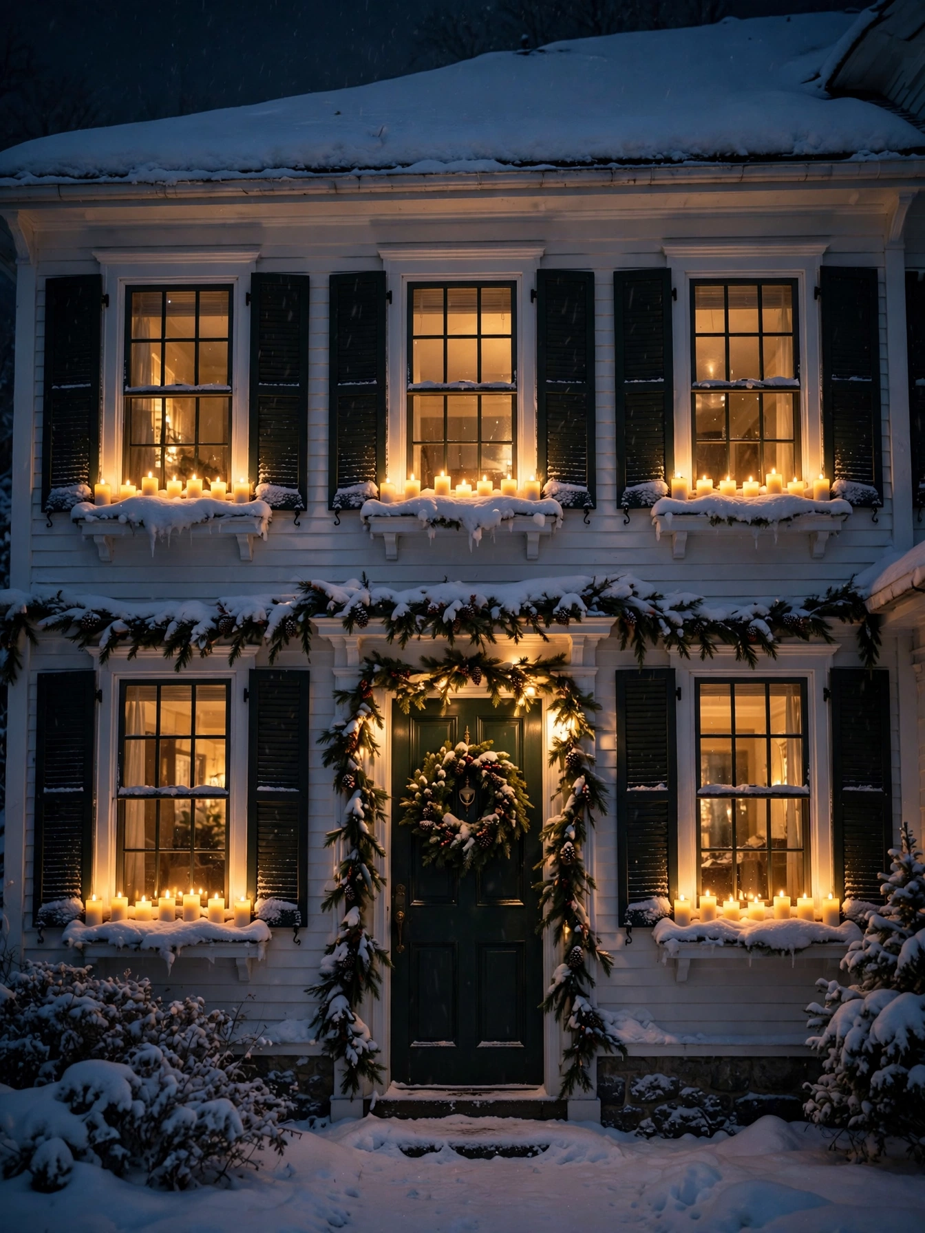 Front windows glowing with rows of electric candles on sills at night, a warm christmas outdoor decor ideas 2026 tradition