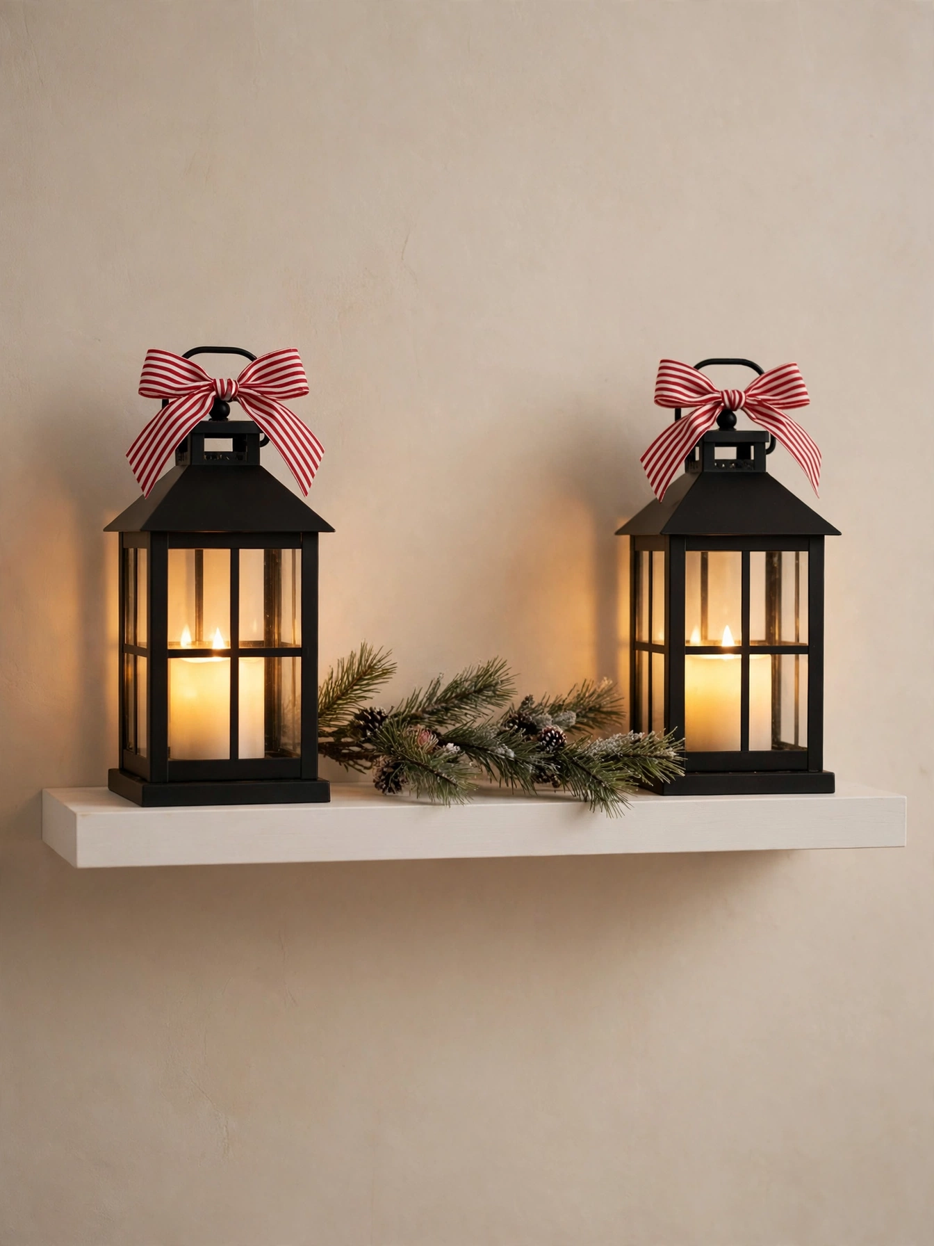 Black metal lanterns with striped bows glowing on a white shelf, budget christmas shelf decor ideas 2026 styling