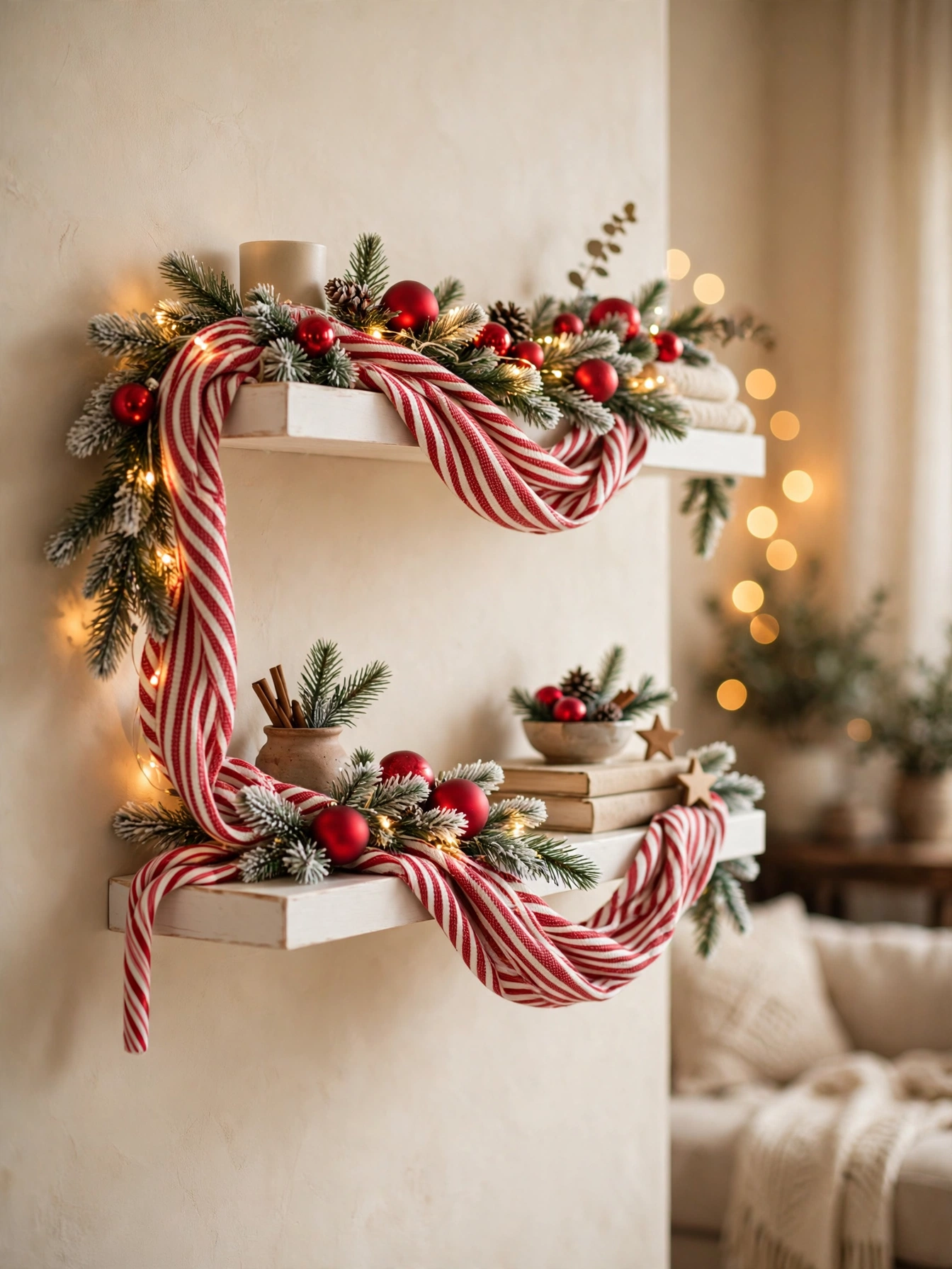 Red and white candy cane striped garland draped across white floating shelves for christmas shelf decor ideas 2026