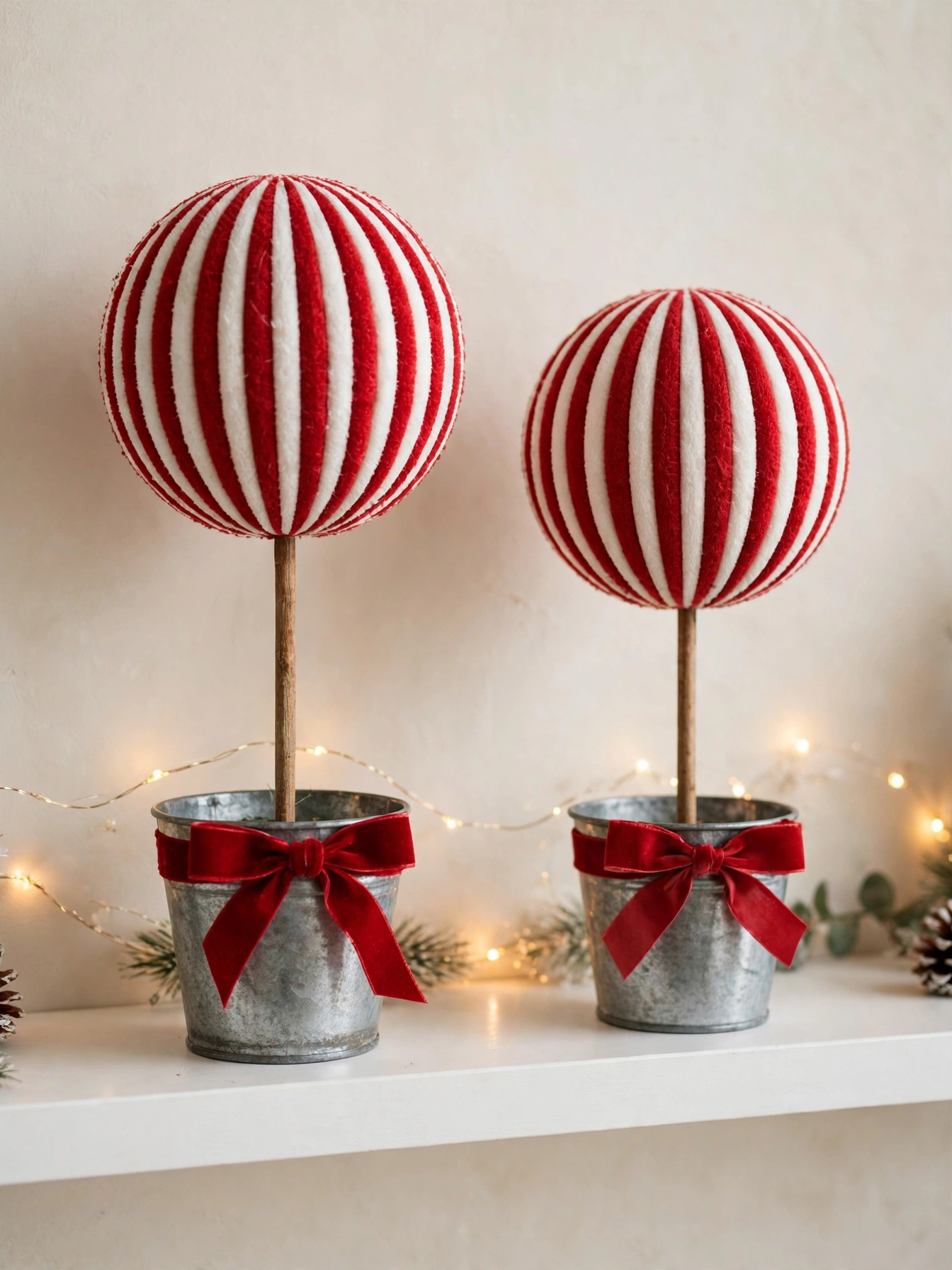Striped candy cane topiaries in galvanized pots on a white shelf, a whimsical christmas shelf decor ideas 2026 pair