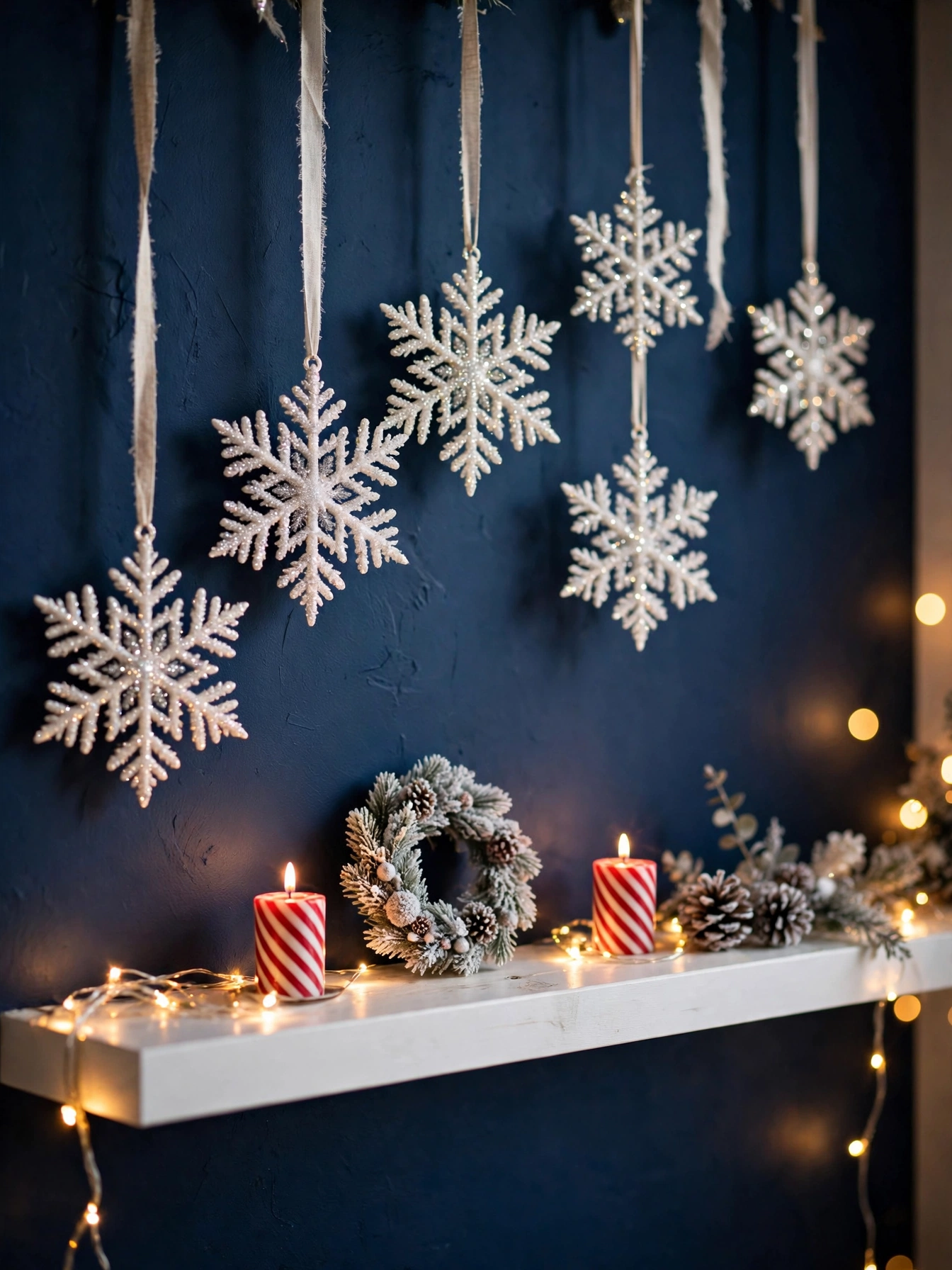 Glitter snowflakes hanging above striped candles on a navy wall shelf, classic christmas shelf decor ideas 2026 styling