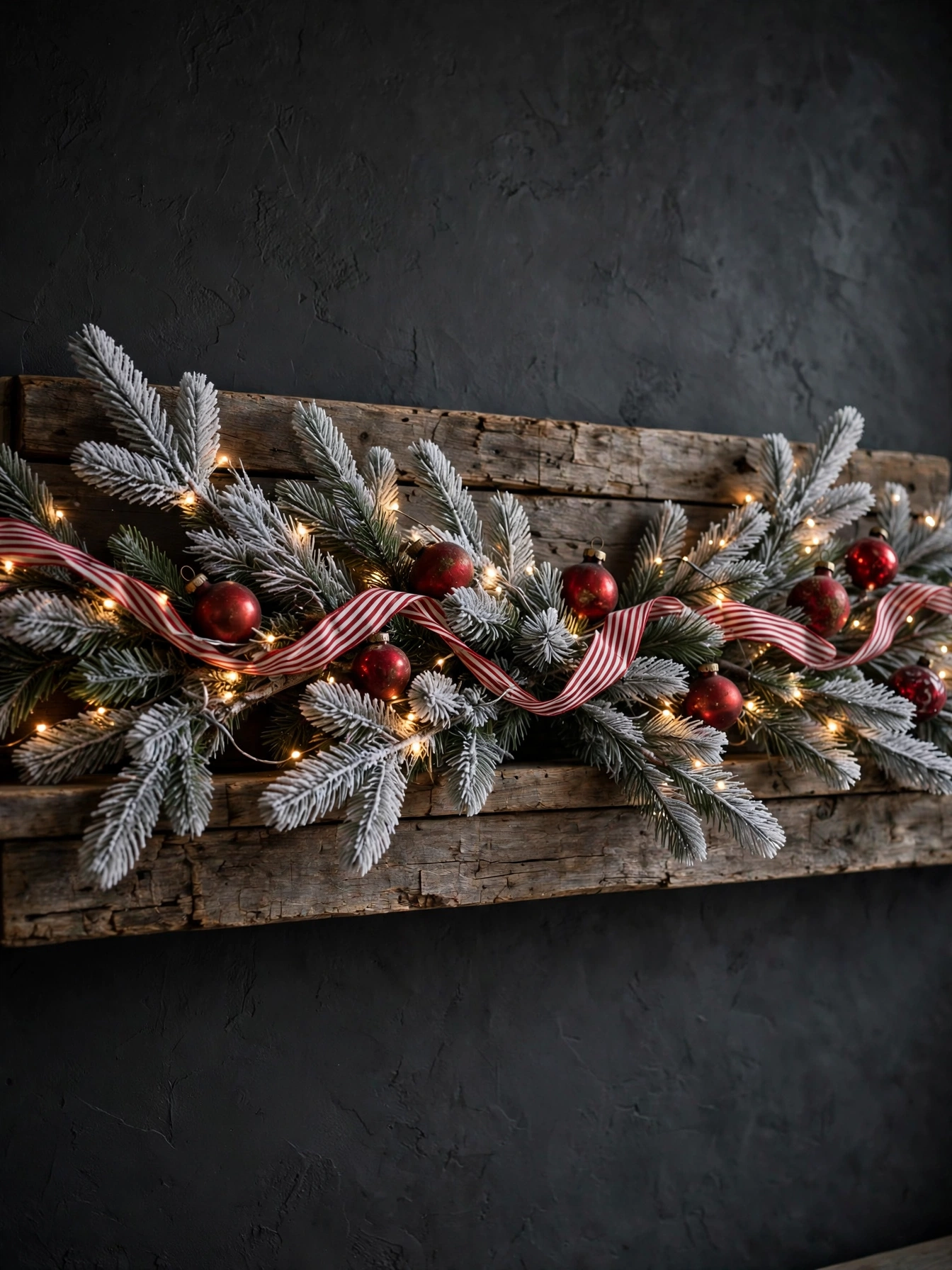 Flocked pine branch with striped ribbon and red ornaments on a reclaimed wood shelf, a snowy christmas shelf decor ideas 2026 look