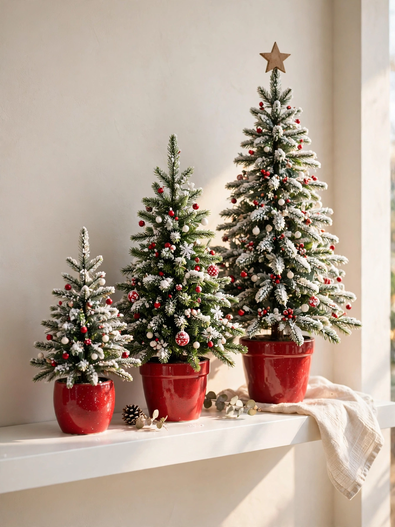 Three miniature Christmas trees in red pots on a white shelf, a classic christmas shelf decor ideas 2026 grouping