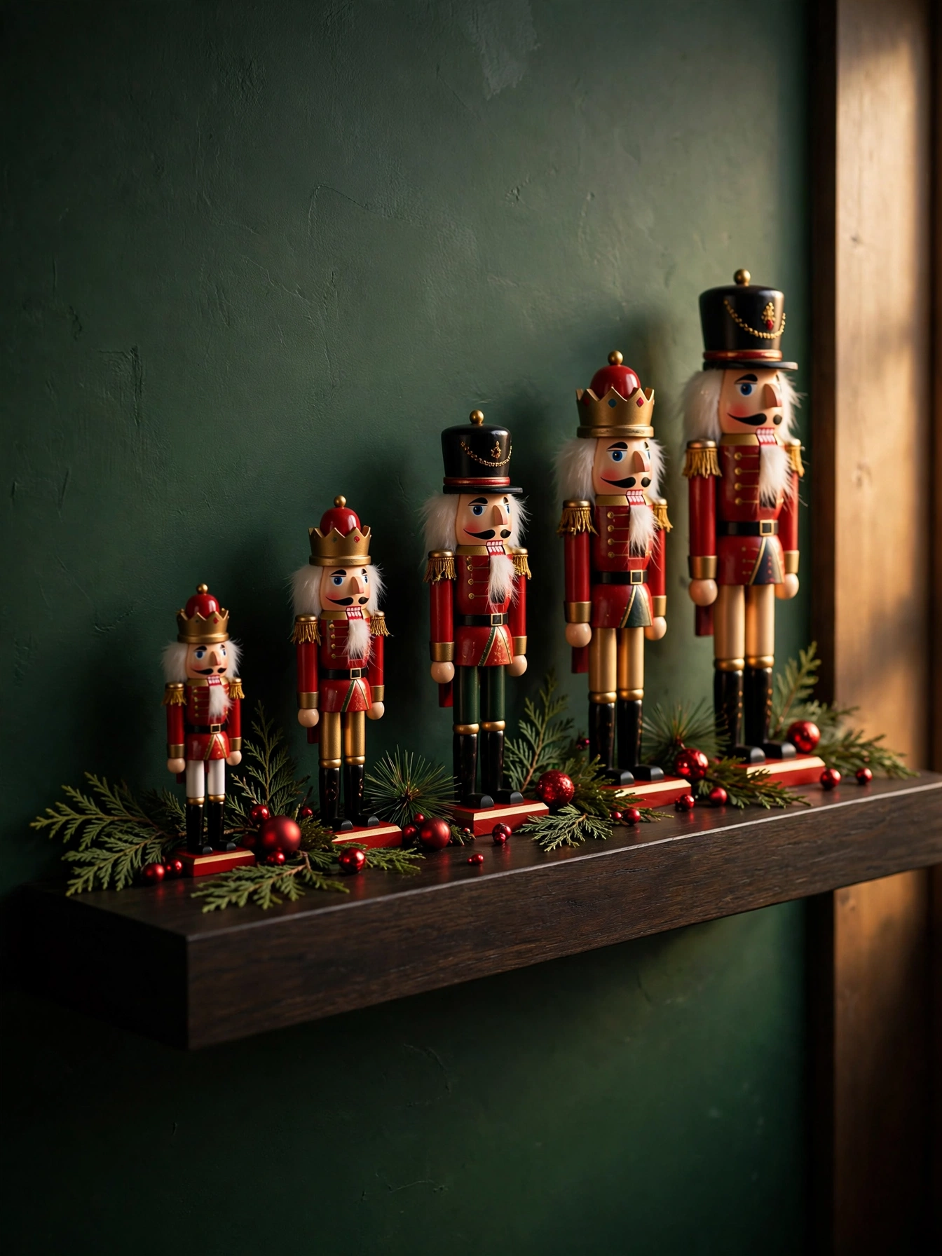 Classic red and gold nutcrackers lined up on a dark stained shelf, a traditional christmas shelf decor ideas 2026 display
