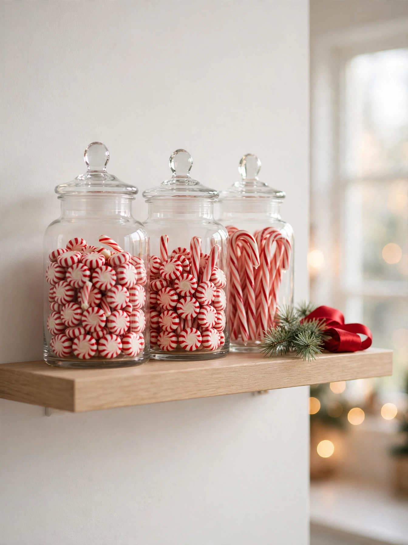 Glass apothecary jars filled with peppermint candy on a kitchen shelf, a sweet christmas shelf decor ideas 2026 touch