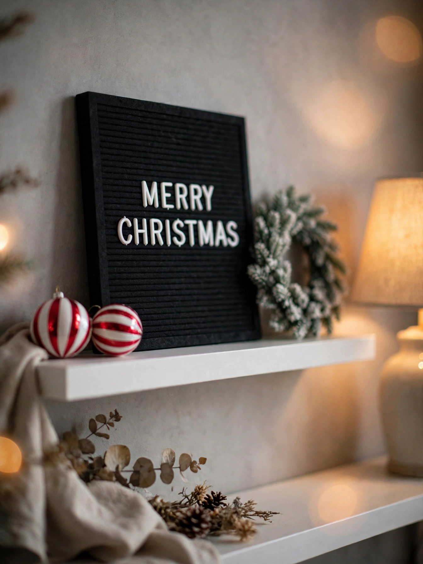 Black felt letter board with striped ornaments on a white shelf, a playful christmas shelf decor ideas 2026 idea