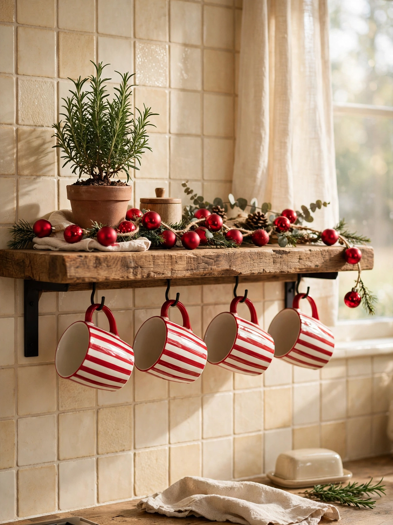 Striped Christmas mugs hanging from hooks under a kitchen shelf, a cheerful christmas shelf decor ideas 2026 display