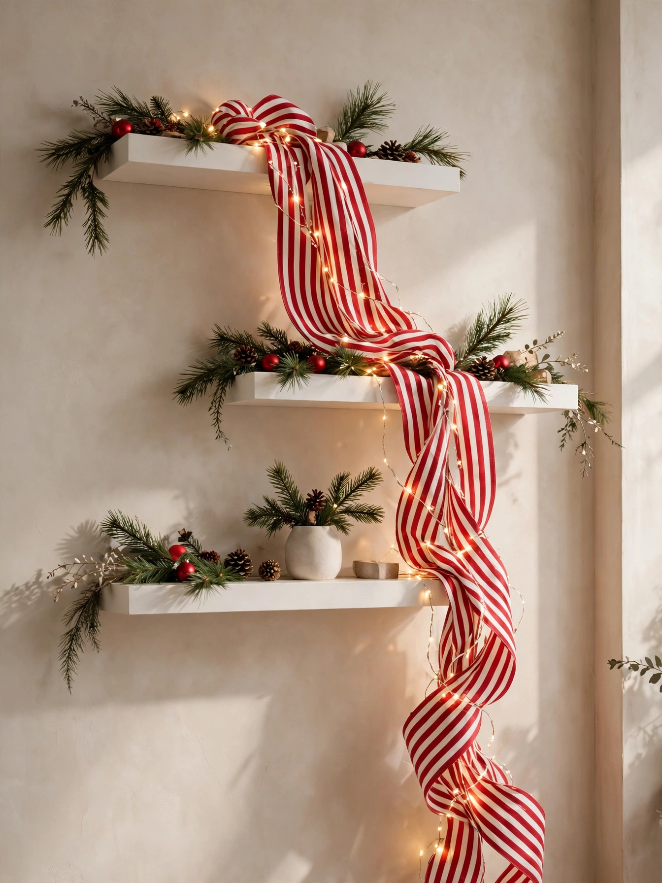 Red and white striped ribbon cascading down three staggered shelves with pine sprigs, a dramatic christmas shelf decor ideas 2026 finale