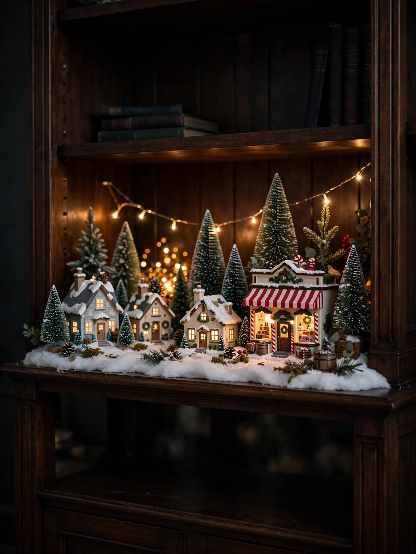 Miniature peppermint Christmas village with glowing houses on a bookcase shelf, a cozy christmas shelf decor ideas 2026 scene