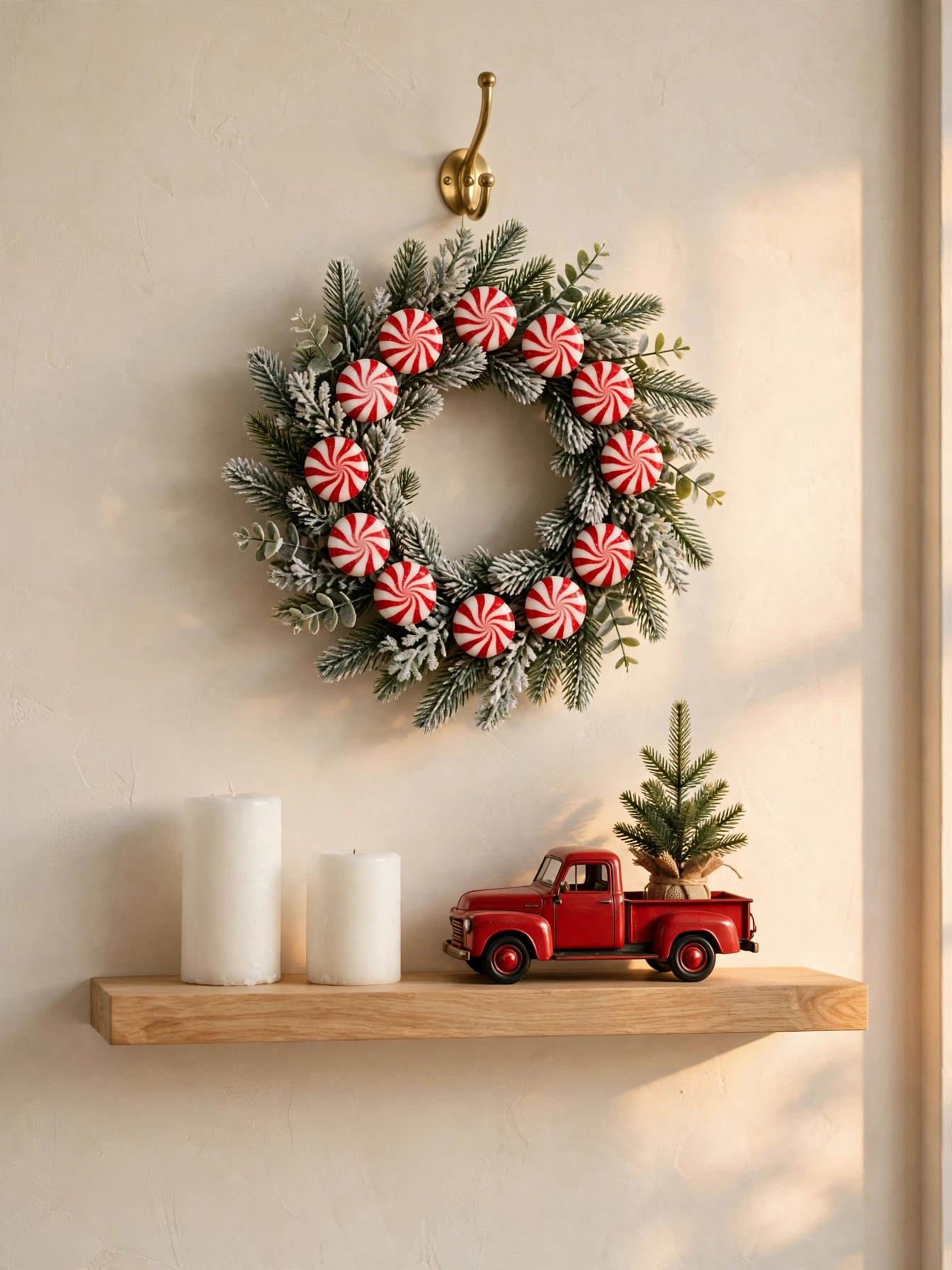 Peppermint ornament wreath hanging above a styled oak shelf with candles, an elegant christmas shelf decor ideas 2026 vignette