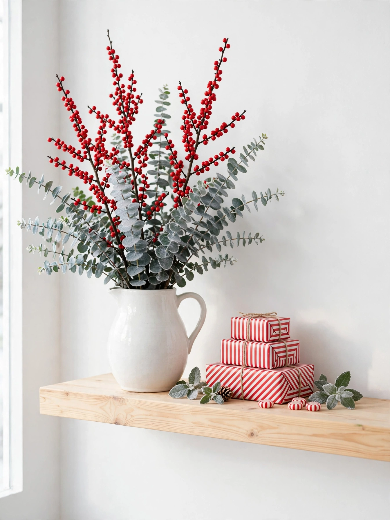 Red winterberry sprigs in a white ceramic pitcher on a pine shelf, a fresh christmas shelf decor ideas 2026 accent