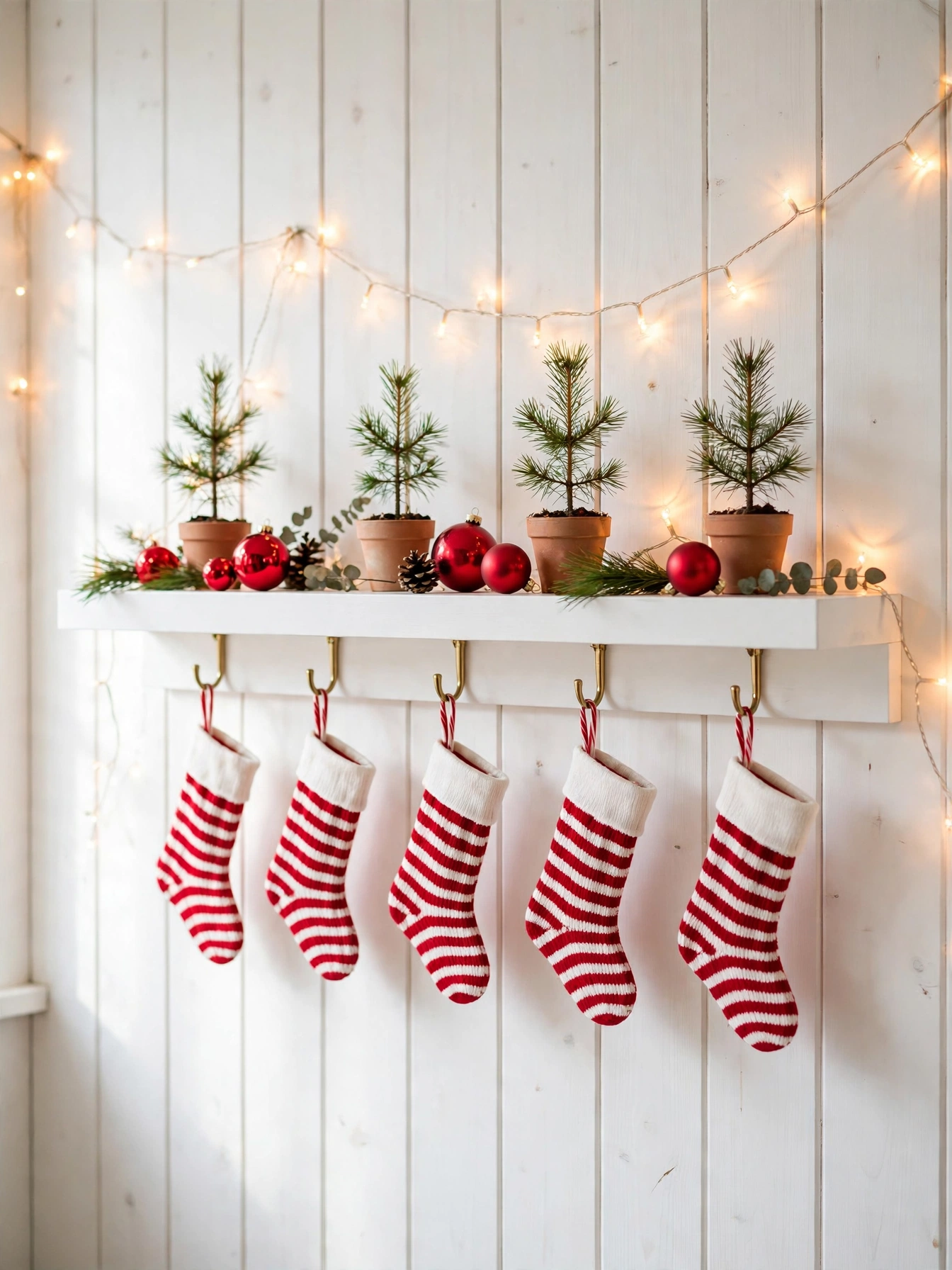 Five red and white striped mini stockings hanging in a row under a floating shelf, a playful christmas shelf decor ideas 2026 idea