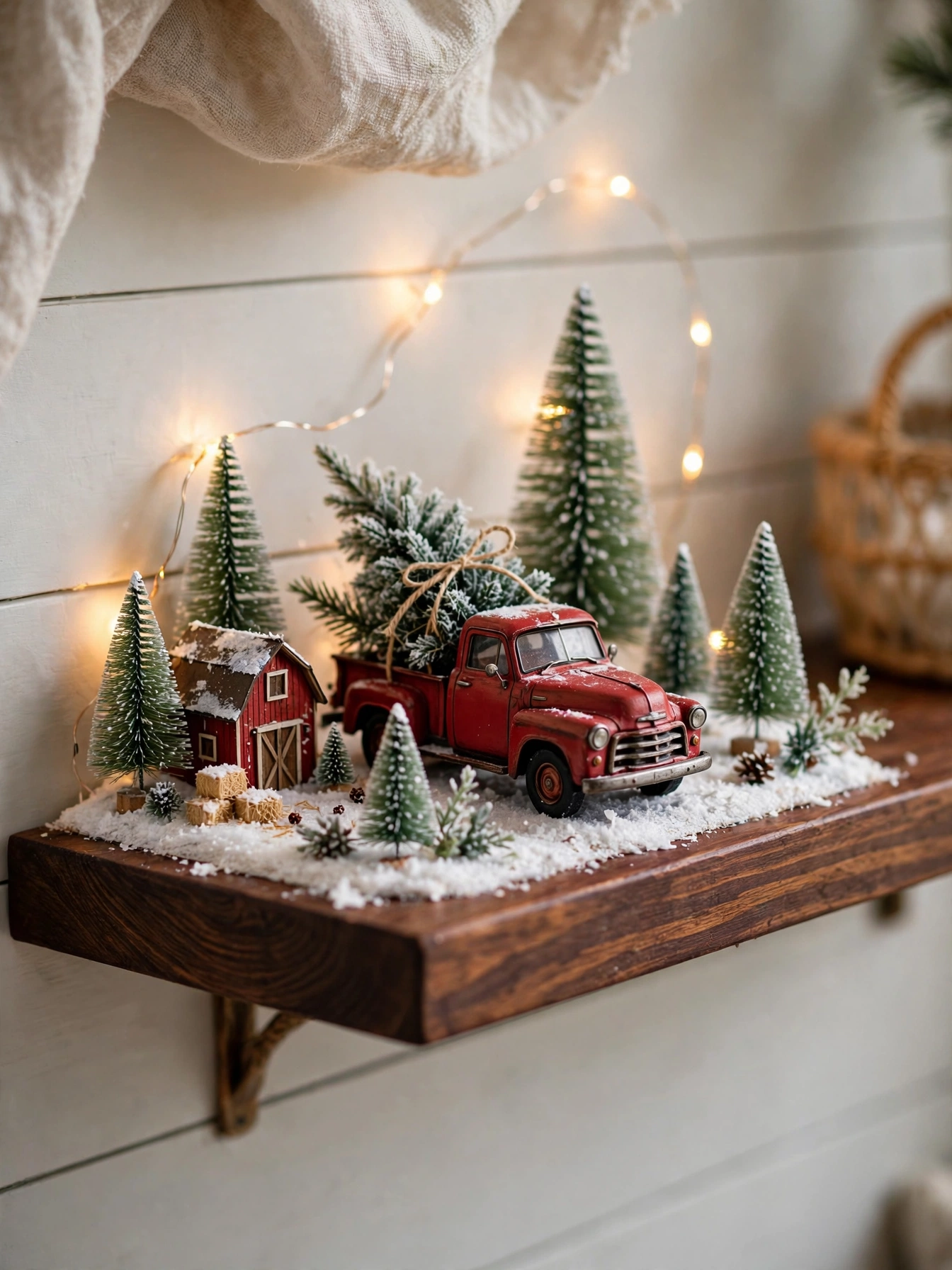 Vintage red truck carrying a tiny frosted tree in a snowy shelf diorama, a nostalgic christmas shelf decor ideas 2026 scene
