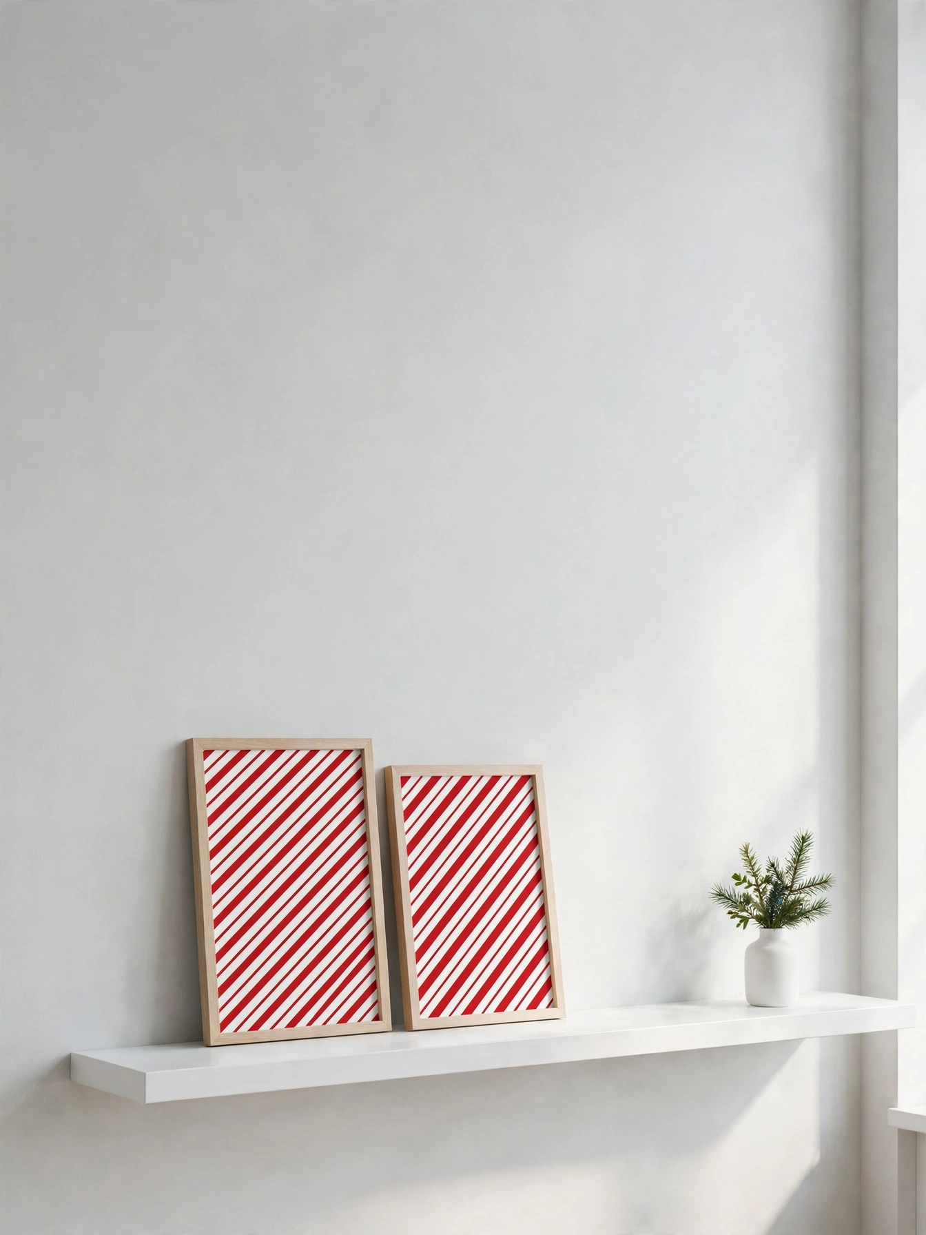 Two candy stripe art prints and a pine sprig on a minimal white shelf, simple christmas shelf decor ideas 2026 styling