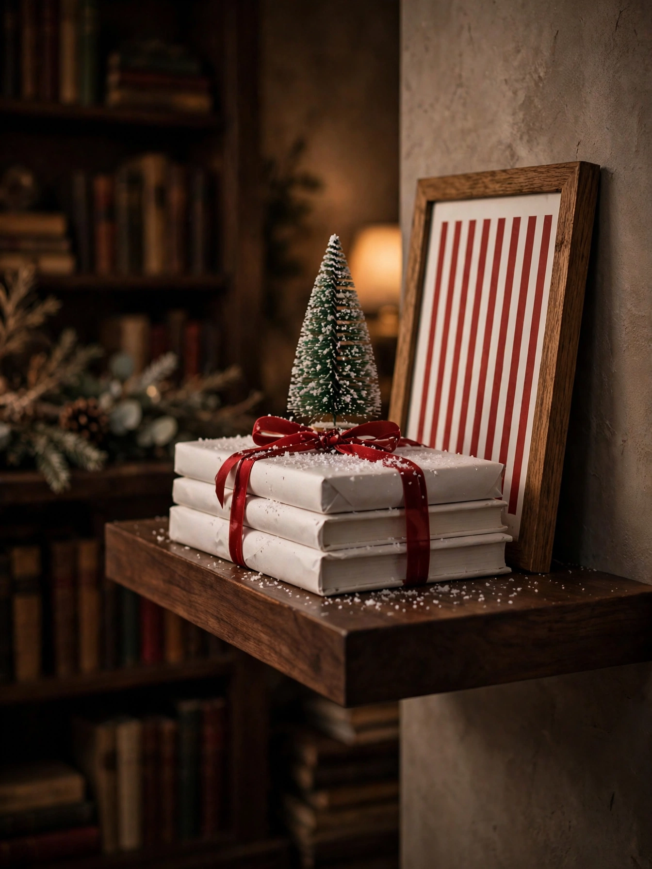 Stack of white wrapped books with red ribbon and a tiny tree on a walnut shelf, a clever christmas shelf decor ideas 2026 trick