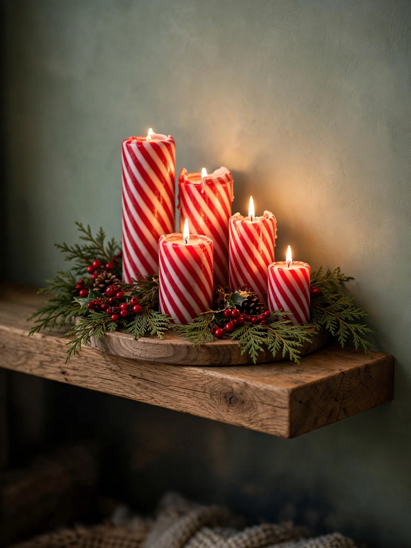 Red and white striped pillar candles glowing on a wooden tray, a warm christmas shelf decor ideas 2026 display