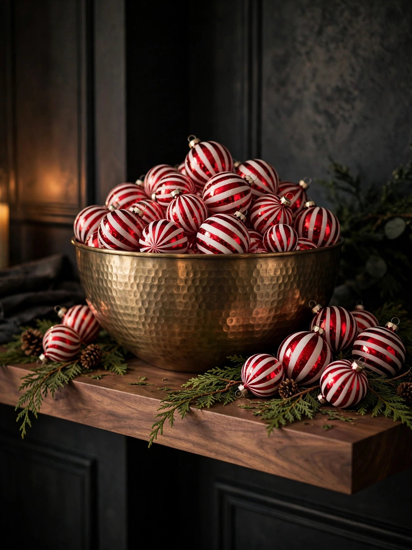 Hammered brass bowl overflowing with striped glass ornaments on a walnut shelf, a rich christmas shelf decor ideas 2026 accent