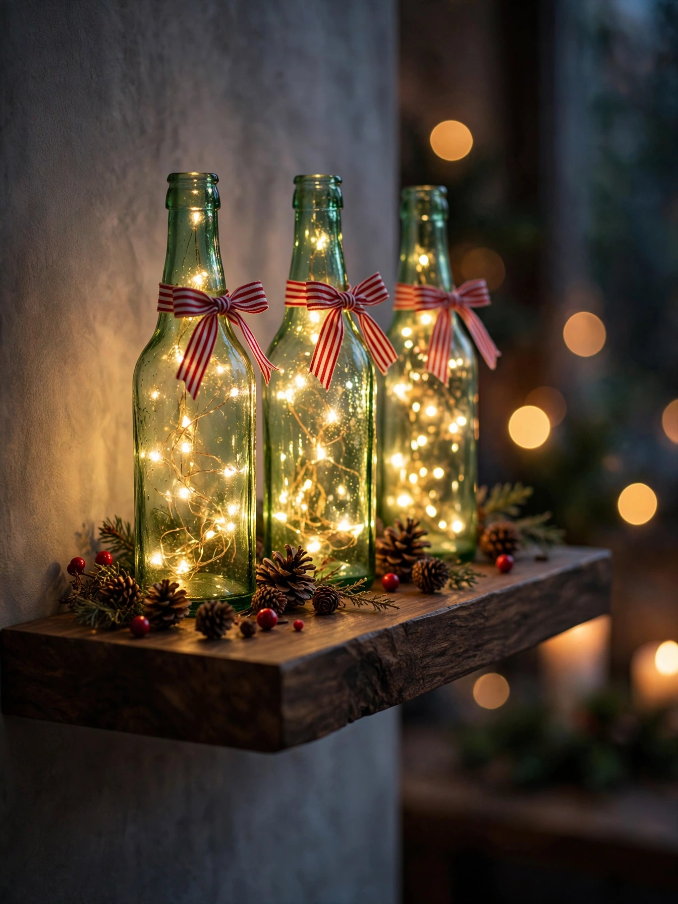 Green glass bottles glowing with warm fairy lights on a dark wood shelf, a magical christmas shelf decor ideas 2026 accent