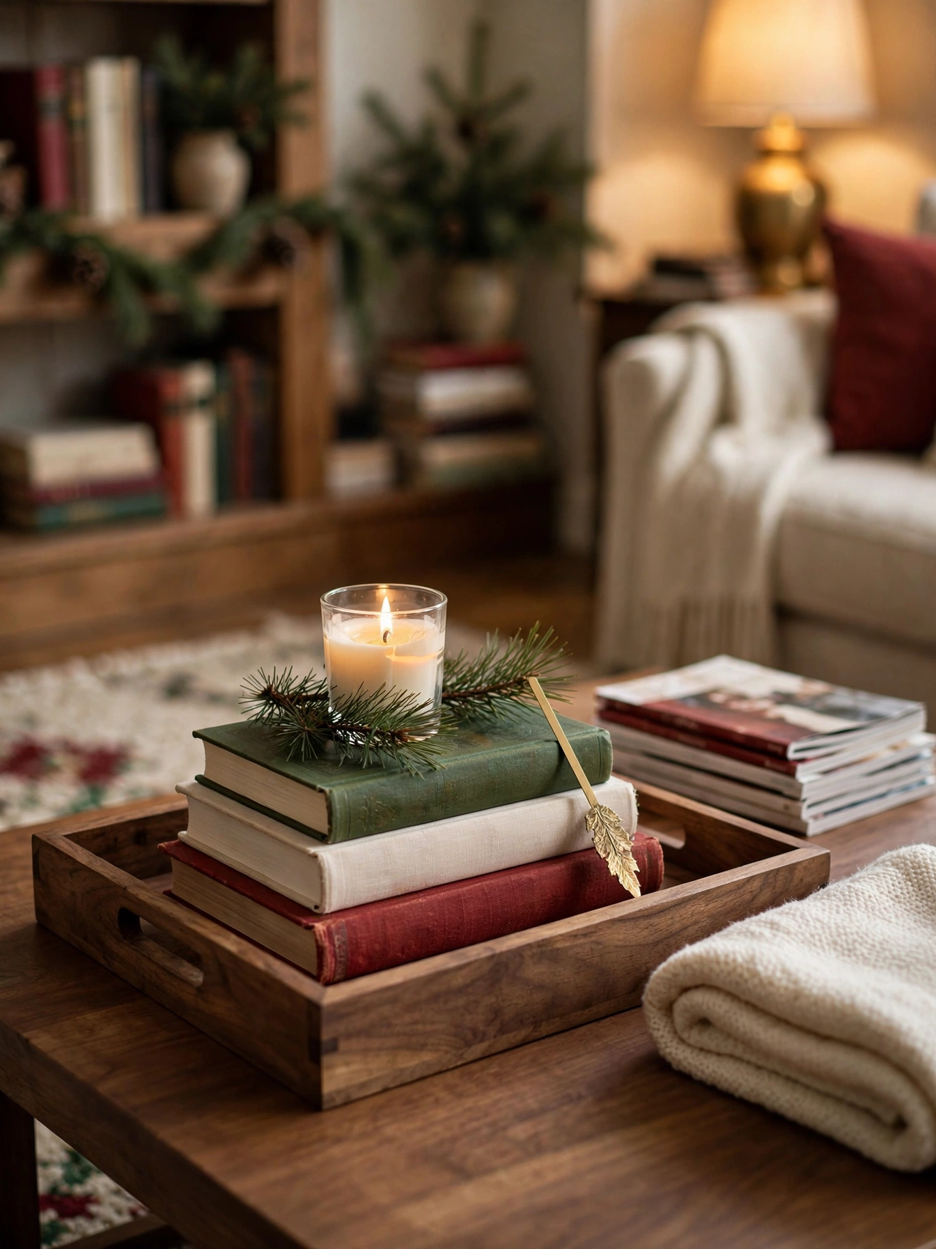 Wooden tray holding a stack of three hardcover books with a small candle and a pine sprig, a quiet bookish idea in christmas tray decor ideas 2026