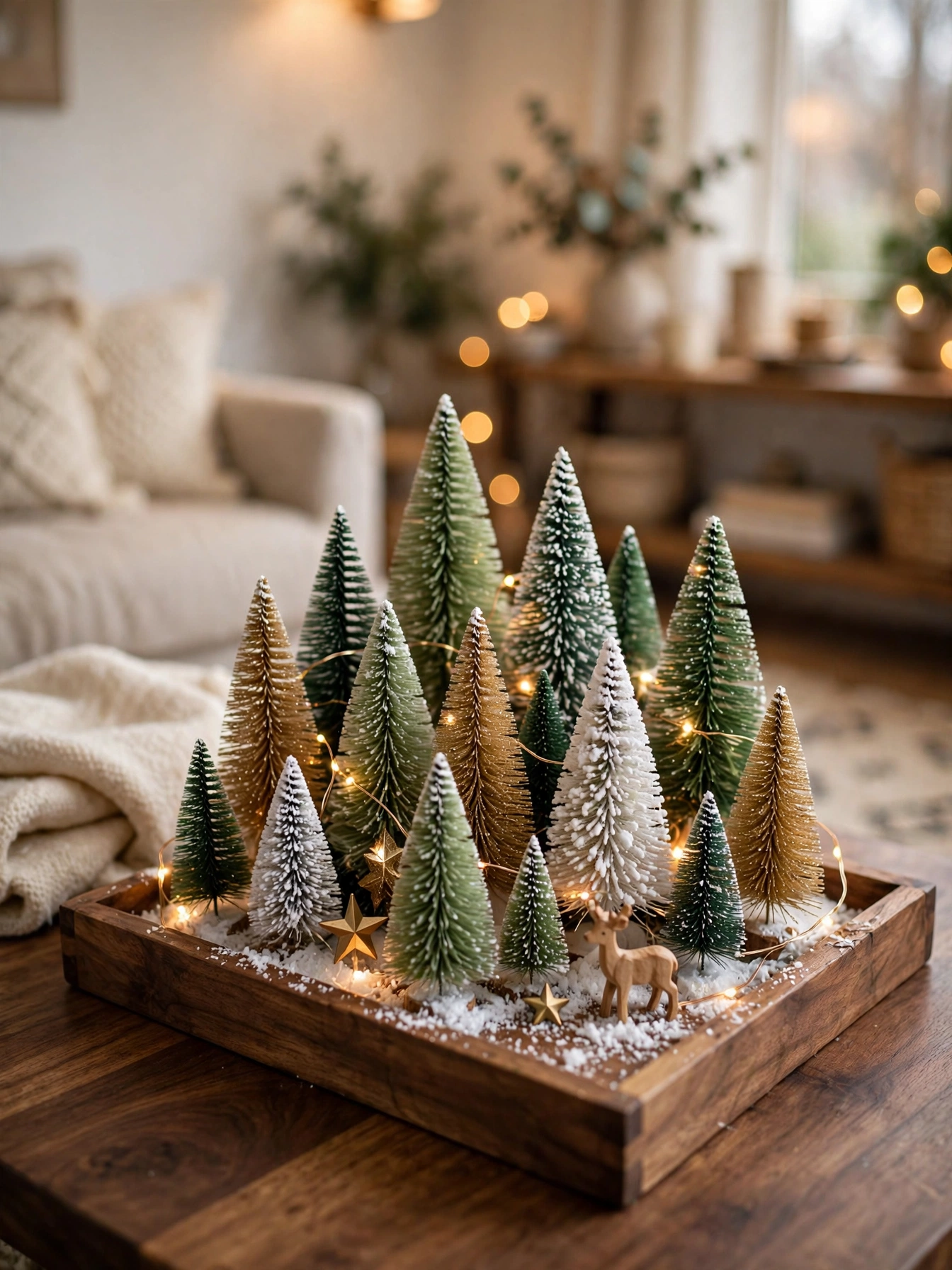 Wooden tray holding a forest of bottle-brush trees in green, white and gold with fake snow and tiny lights, a whimsical scene from christmas tray decor ideas 2026