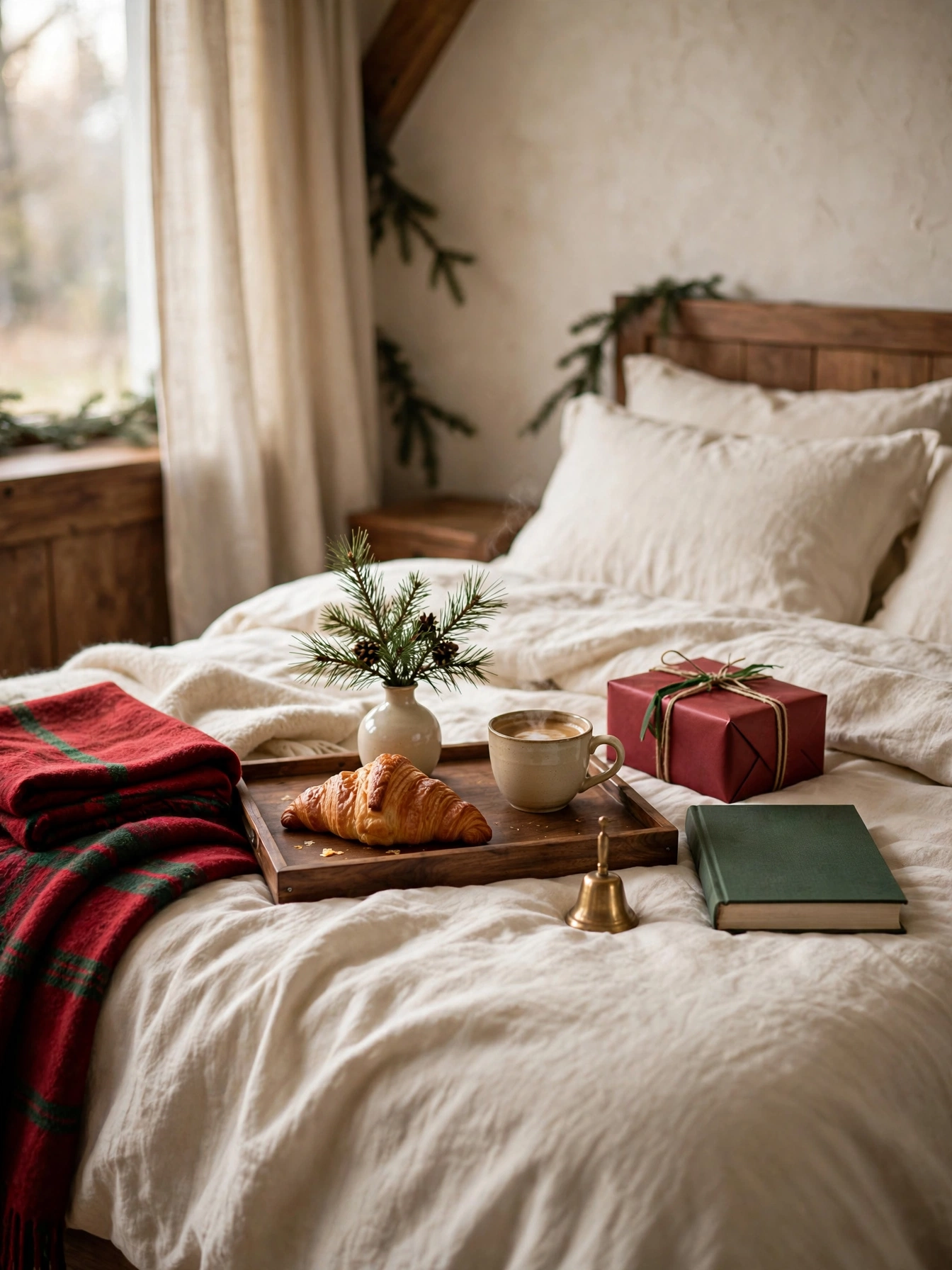 Wooden breakfast tray with a croissant, coffee cup, pine sprig vase and wrapped gift on cream bedding, a cozy morning idea in christmas tray decor ideas 2026