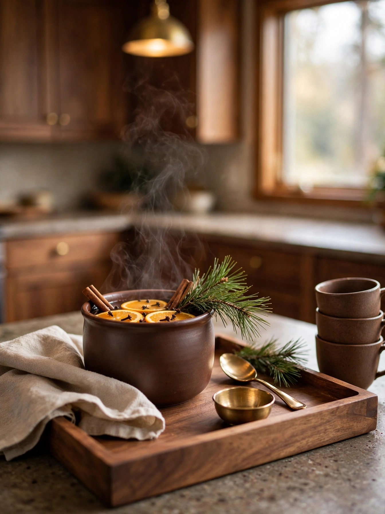 Wooden tray holding a pot of simmering orange slices, cloves and cinnamon sticks with a pine sprig, a fragrant simmer idea from christmas tray decor ideas 2026