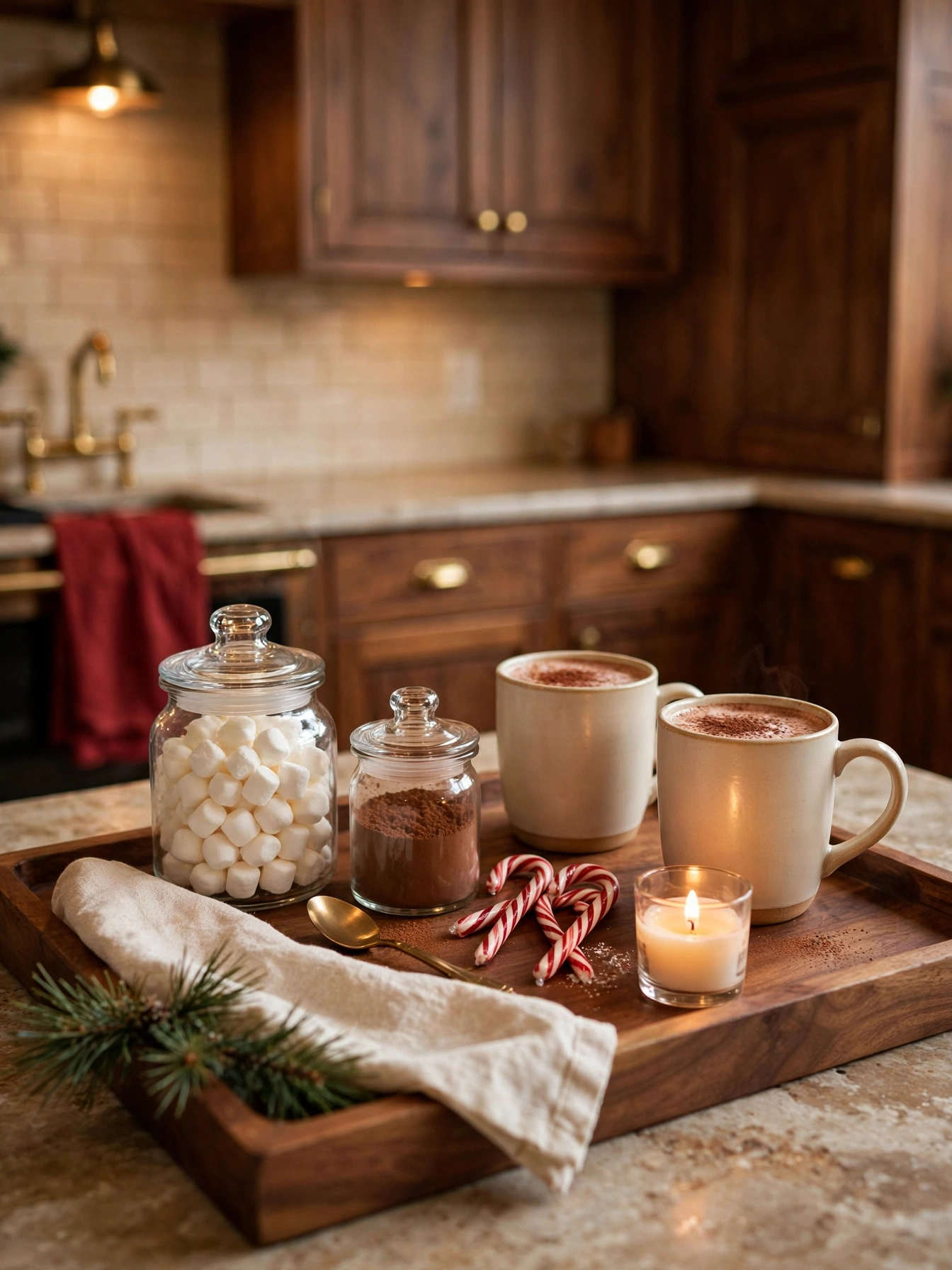 Wooden tray styled as a cocoa bar with two mugs, marshmallows, cocoa powder and candy canes, a cozy setup in christmas tray decor ideas 2026