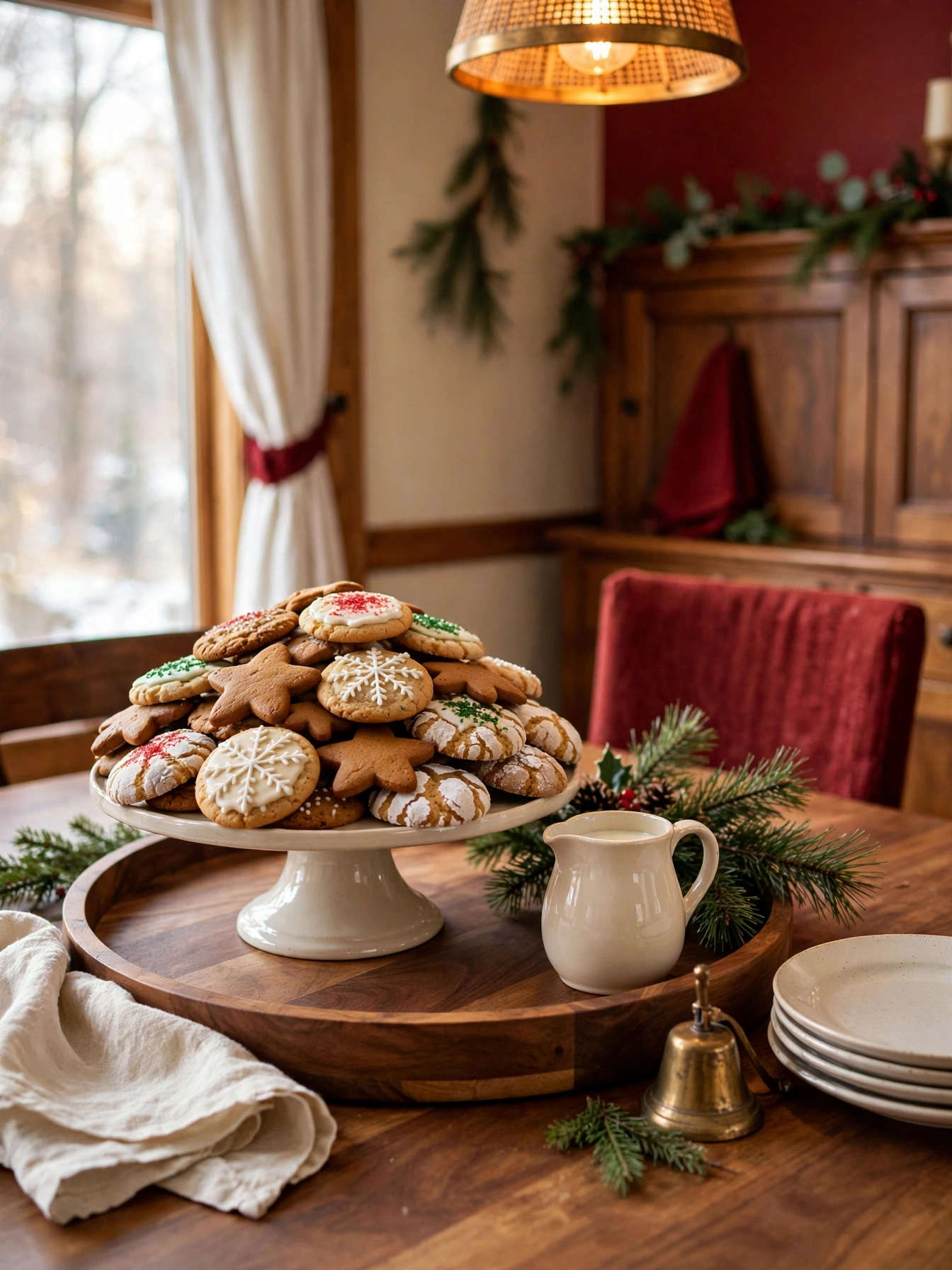 Large round wooden tray with holiday cookies on a cake stand, a milk pitcher and a pine sprig, a sweet serving idea in christmas tray decor ideas 2026
