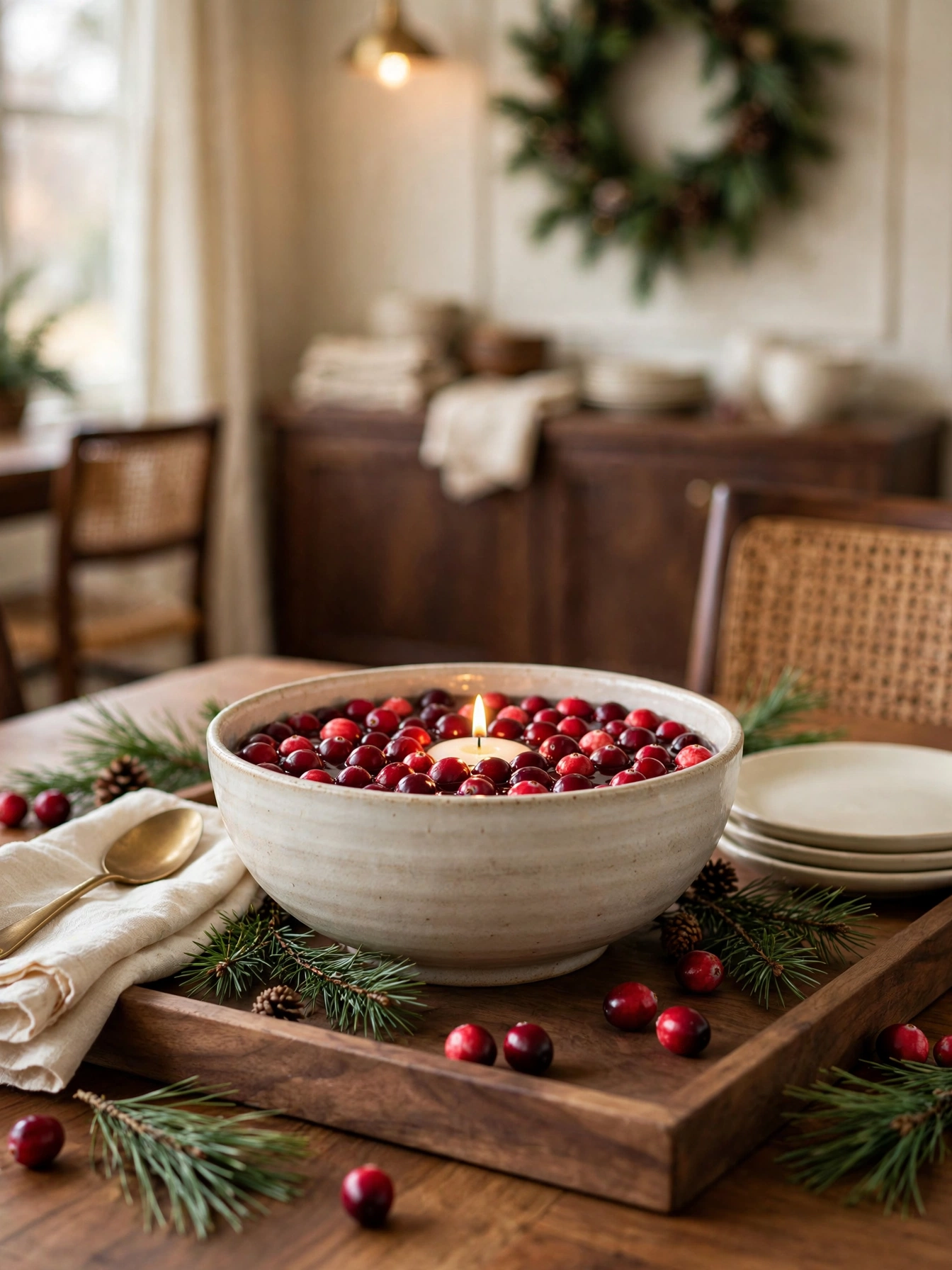 Wide ceramic bowl filled with fresh cranberries and a floating candle on a wooden tray with pine sprigs, a bright centerpiece from christmas tray decor ideas 2026