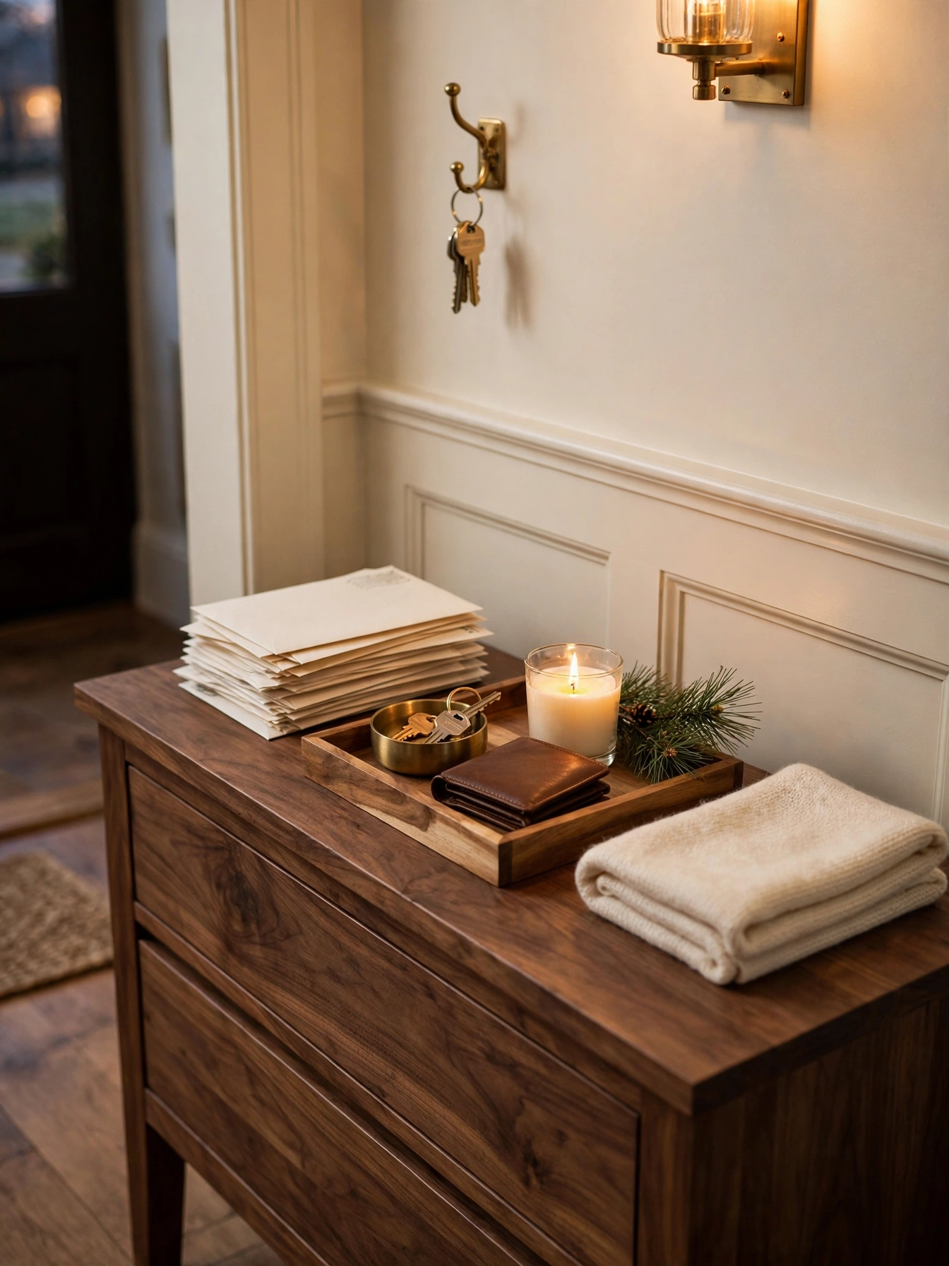 Small wooden tray on an entryway console holding keys, a wallet, a pine sprig and a small candle, a practical setup from christmas tray decor ideas 2026