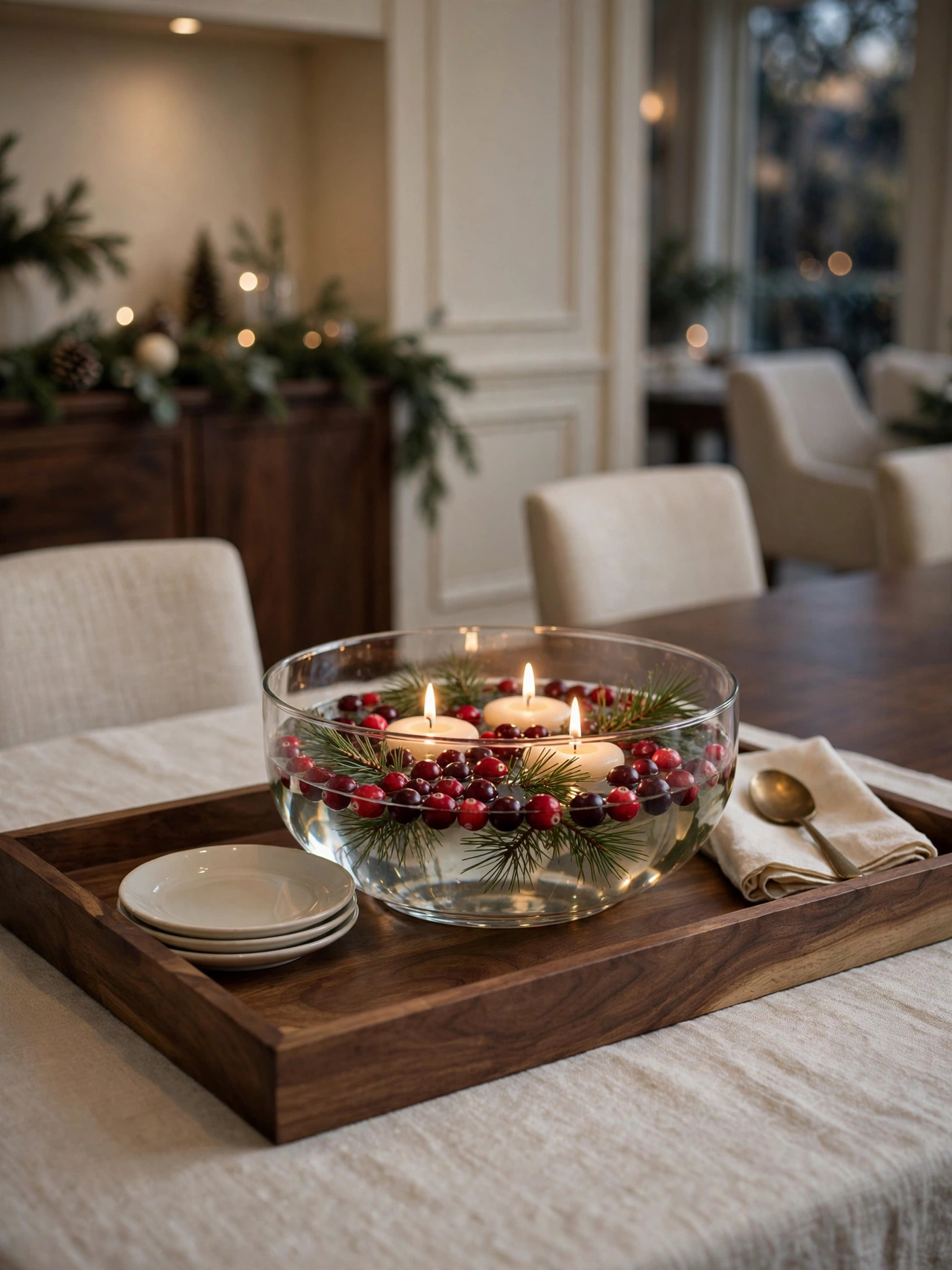 Rectangular tray holding a glass bowl of water with floating candles, cranberries and pine sprigs, an elegant pick from christmas tray decor ideas 2026