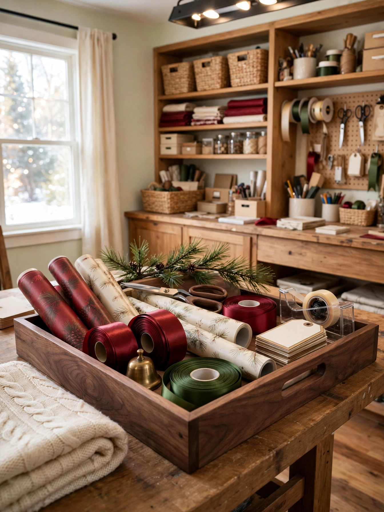 Large wooden tray set up as a gift wrap station with wrapping paper, ribbons, scissors and tape, an organized idea in christmas tray decor ideas 2026