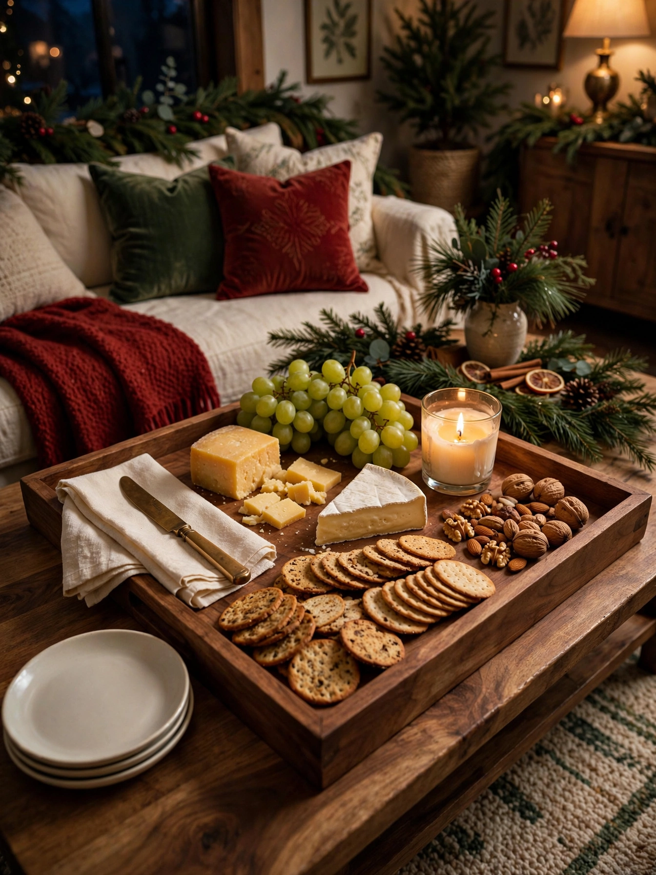 Large wooden tray set as a midnight snack board with cheese, crackers, grapes, nuts and a small candle, a late-night spread in christmas tray decor ideas 2026