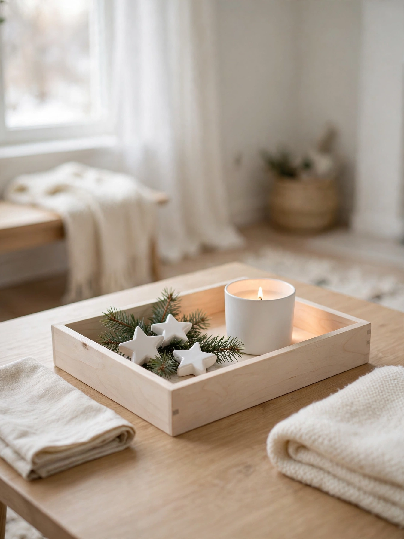 Pale birch wood tray with a white candle, a small pine branch and three white ceramic stars, a minimal Nordic look in christmas tray decor ideas 2026