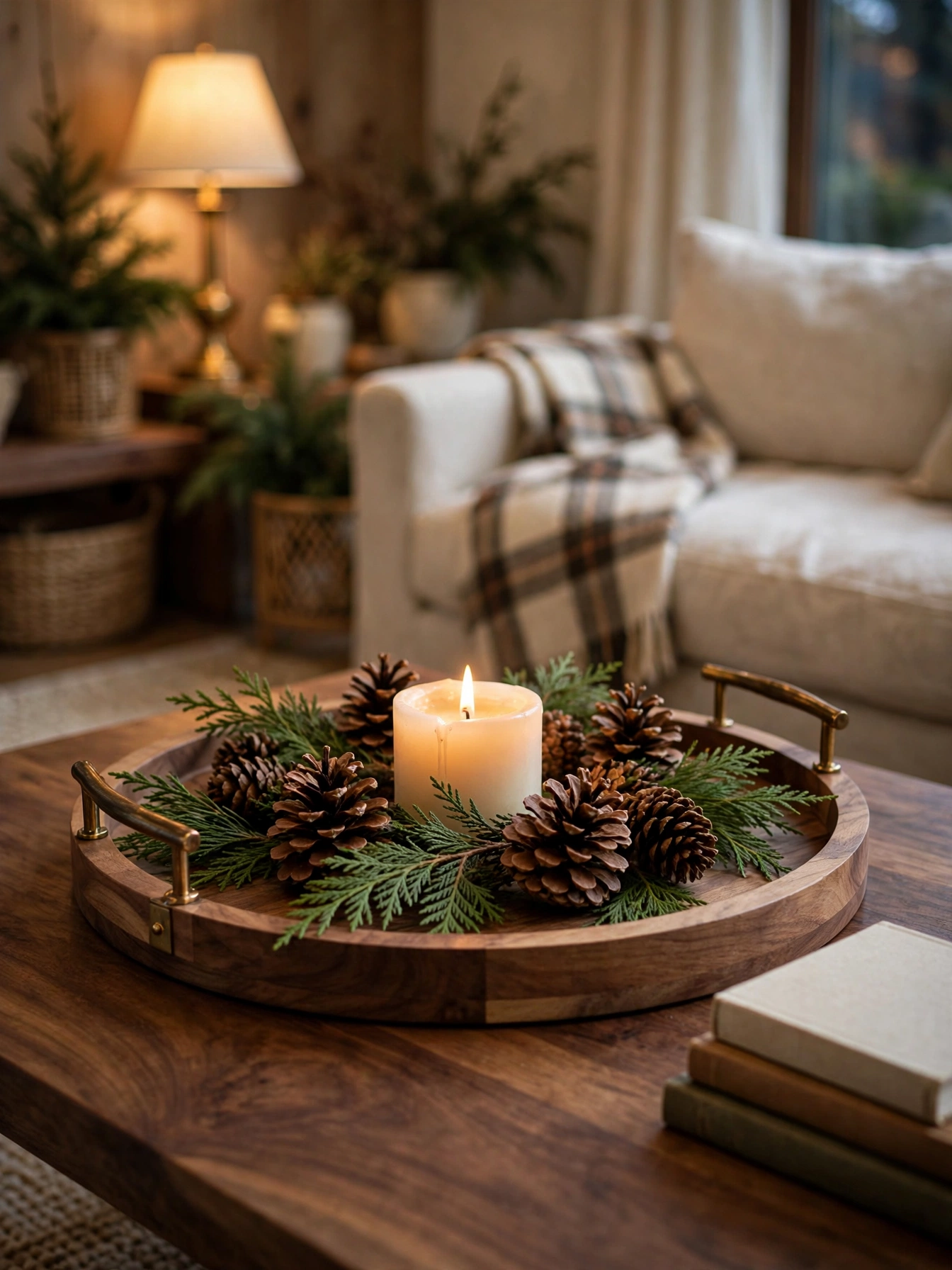 Round wooden tray layered with pinecones, cedar sprigs and a small pillar candle, a natural look from christmas tray decor ideas 2026