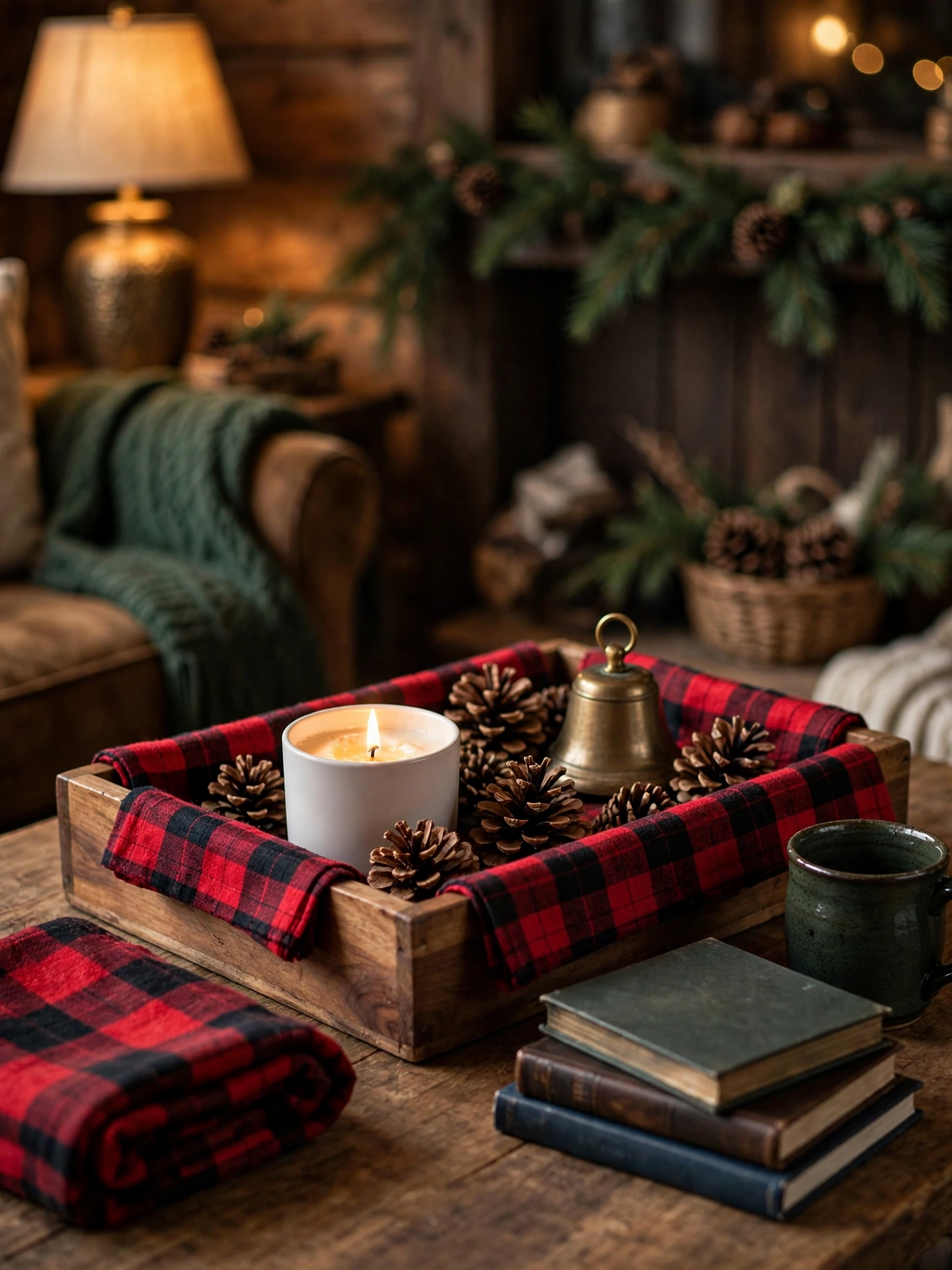 Wooden tray lined with red and black plaid linen, holding a white candle, pinecones and a brass bell, a lodge-style idea in christmas tray decor ideas 2026