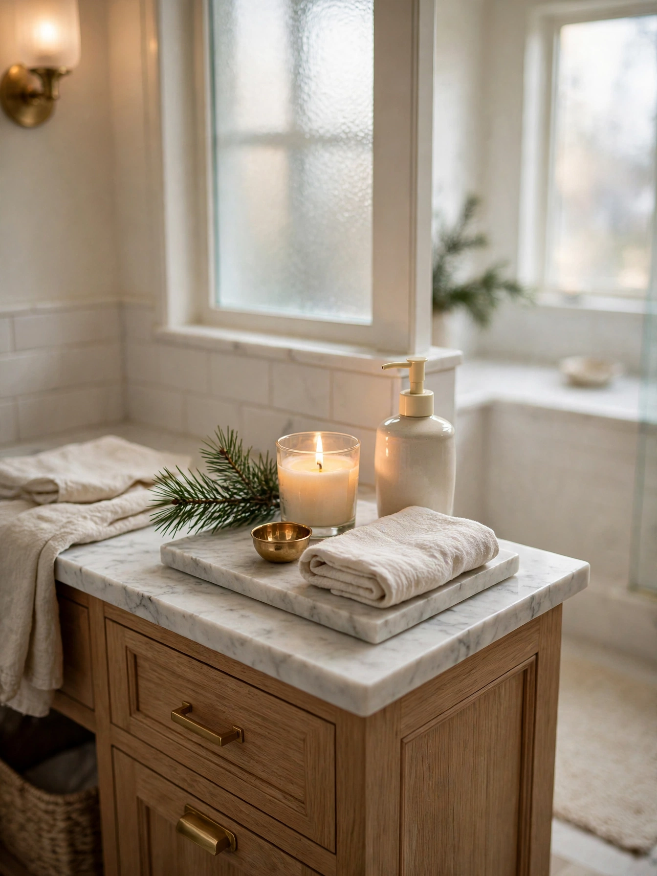 Small marble tray on a bathroom vanity holding a candle, a pine sprig, a soap dispenser and a folded towel, a spa-like styling idea in christmas tray decor ideas 2026