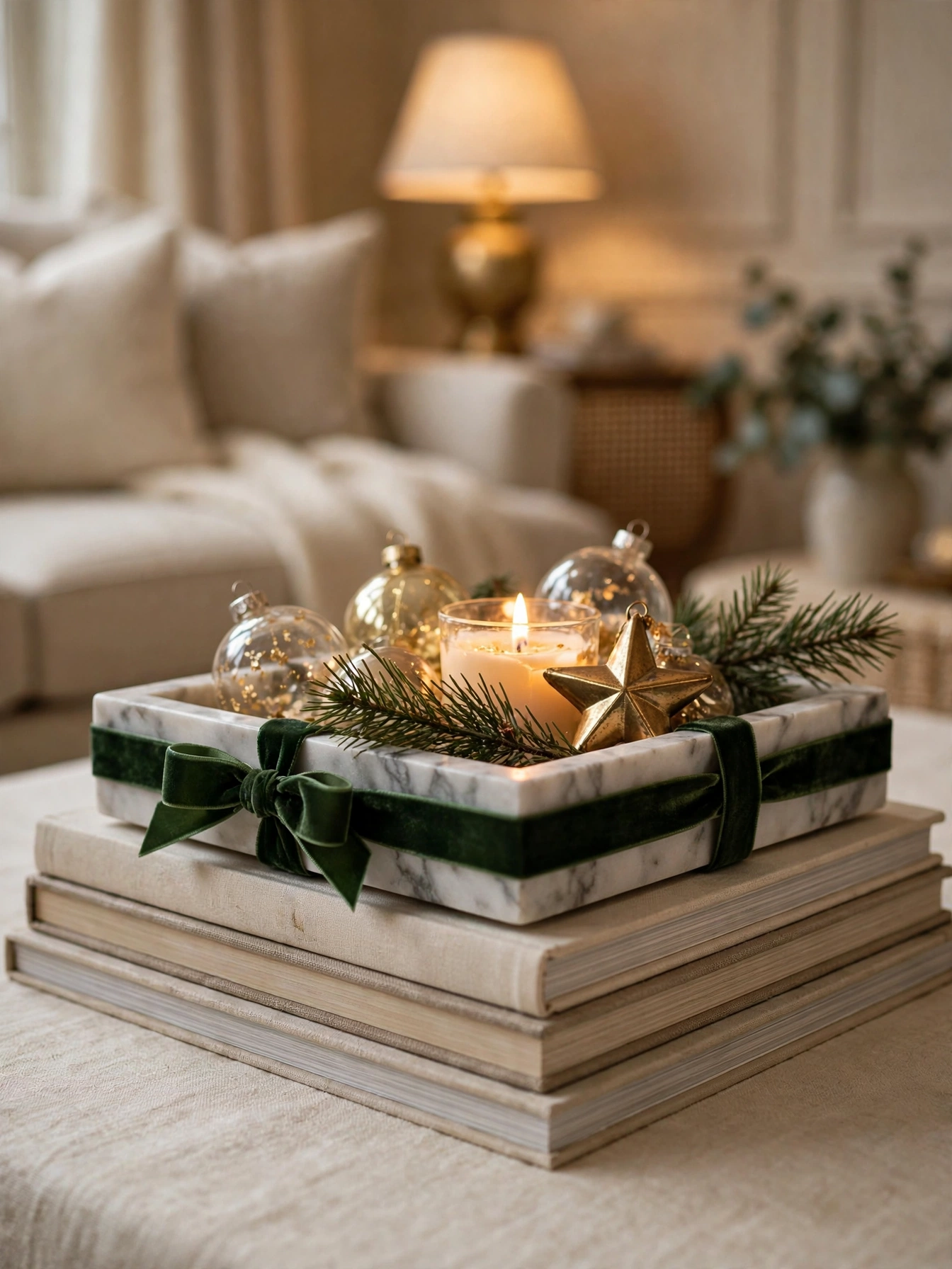 Square marble tray with a deep green velvet ribbon tied around its edge, holding ornaments and a small candle, from christmas tray decor ideas 2026