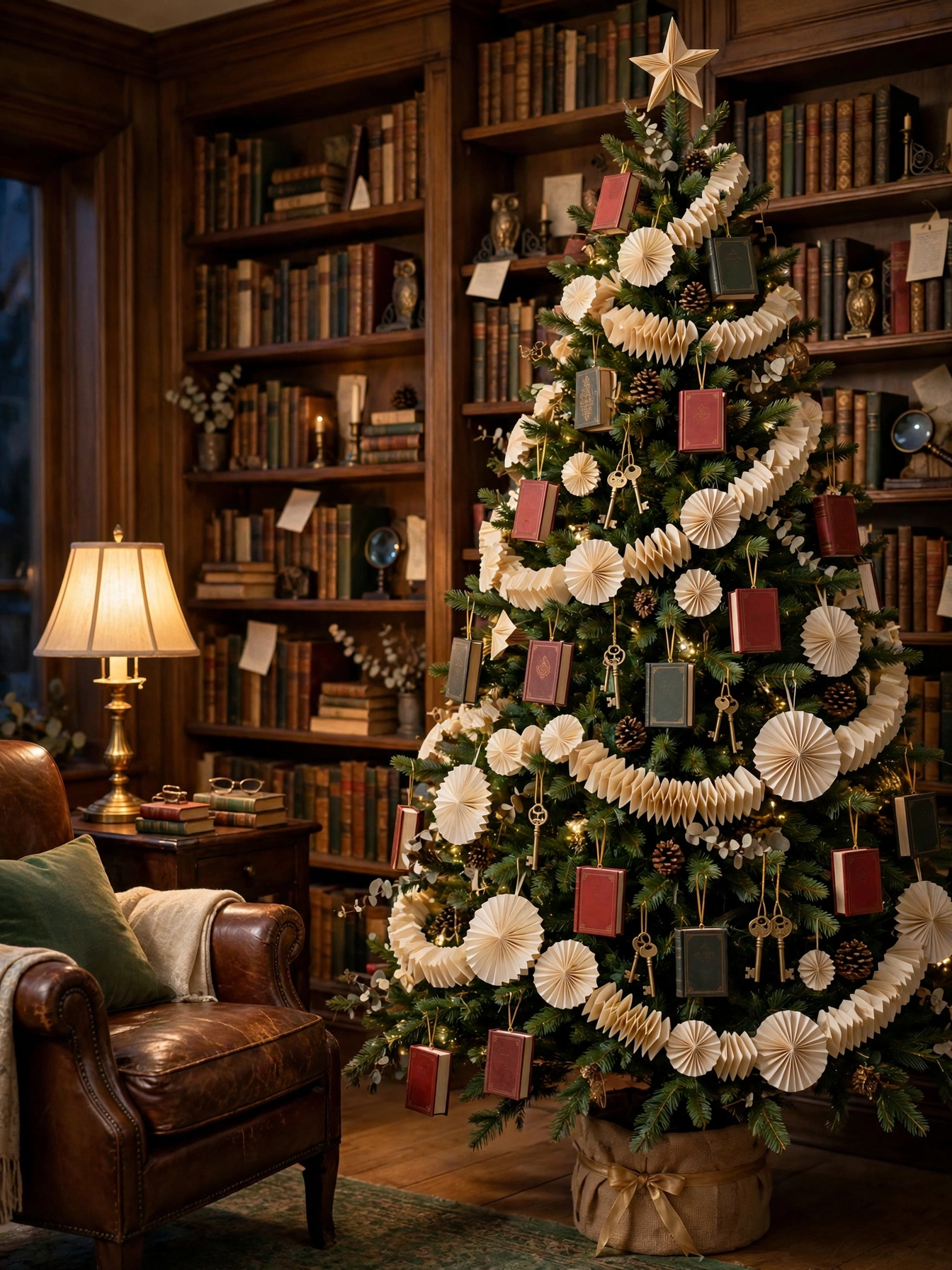 Christmas tree themes for 2026: evergreen with miniature book ornaments and a garland of folded paper pages in a home library