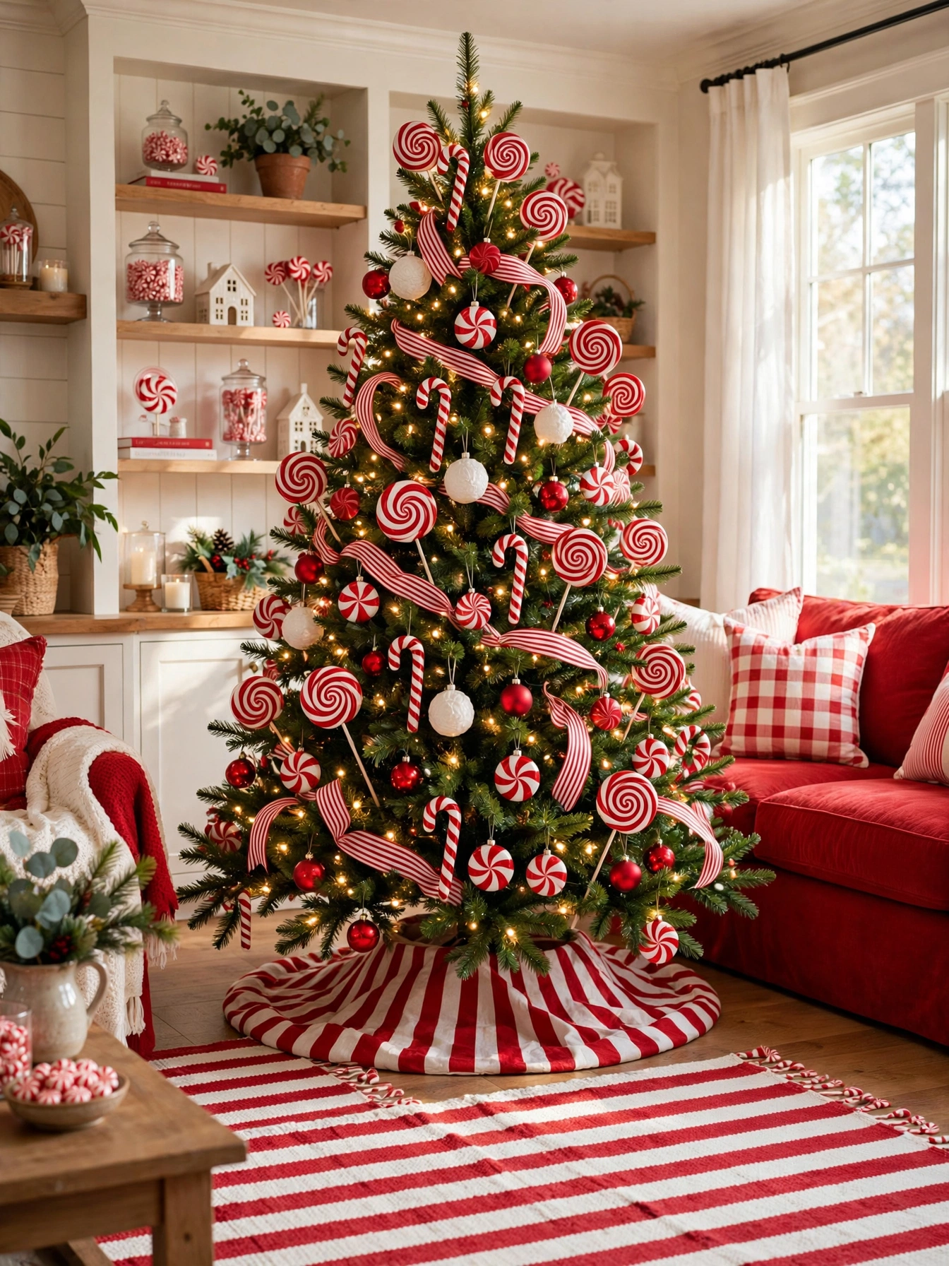 Christmas tree themes for 2026: evergreen with red and white candy ornaments, lollipop picks, and a striped candy skirt in a cheerful family room