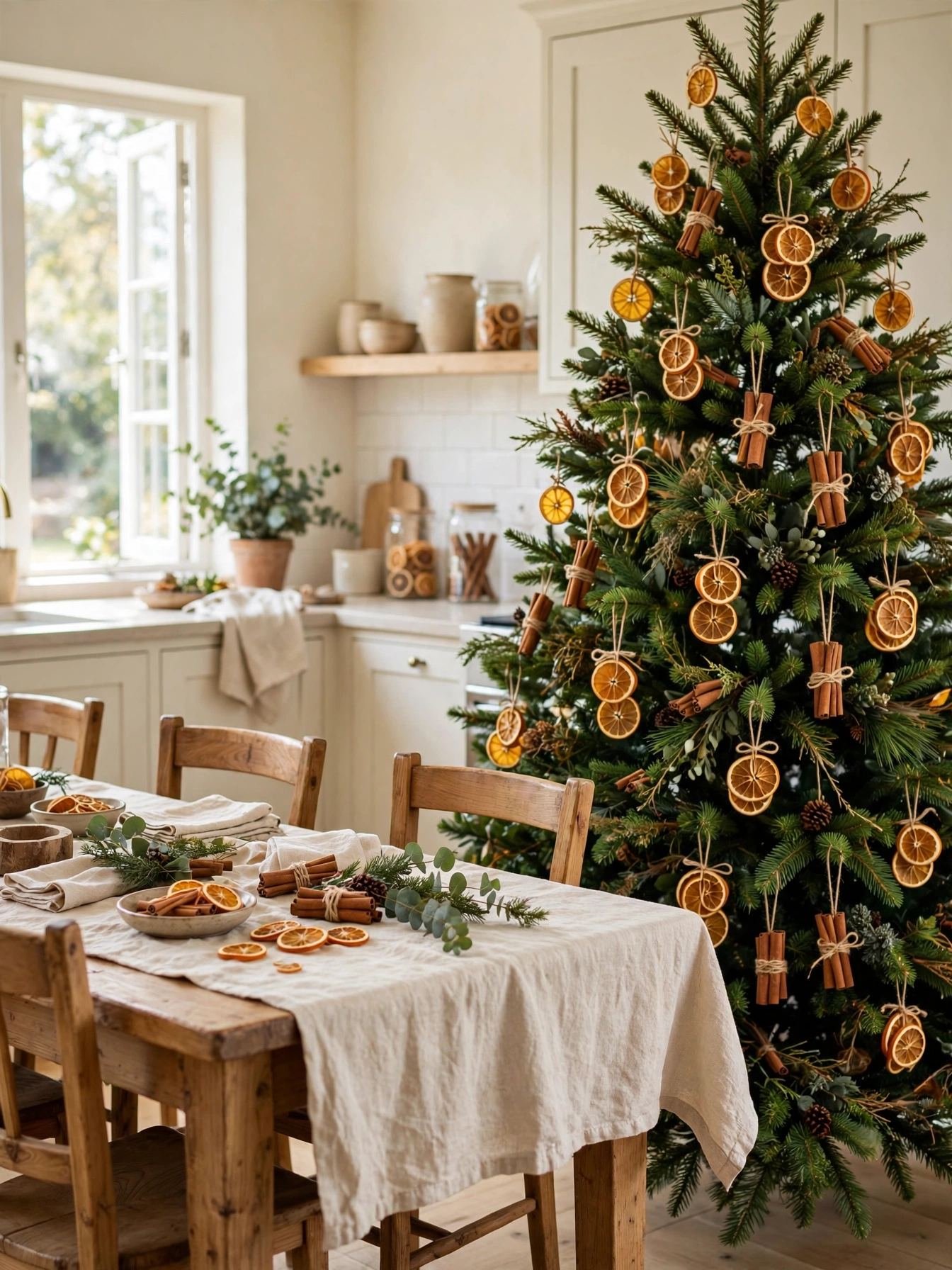 Christmas tree themes for 2026: evergreen with dried orange slices and cinnamon bundles in a bright kitchen dining area
