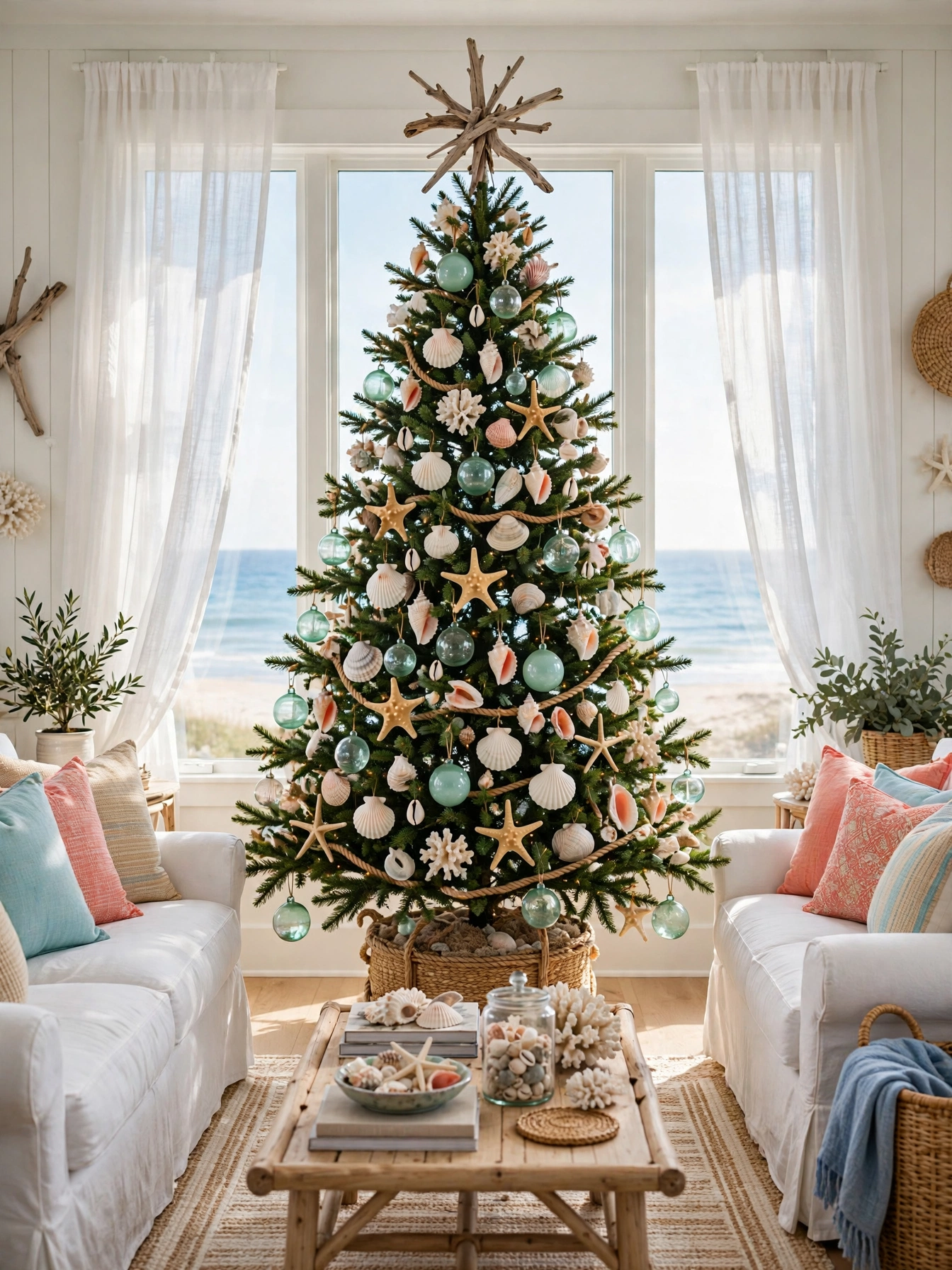 Christmas tree themes for 2026: evergreen decorated with seashells, starfish, and rope garland in a bright beach house living room