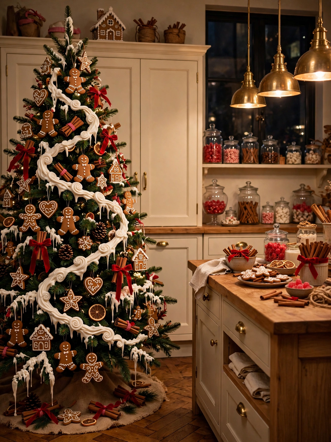 Christmas tree themes for 2026: evergreen with gingerbread ornaments, faux icing garland, and cinnamon bundles in a warm kitchen