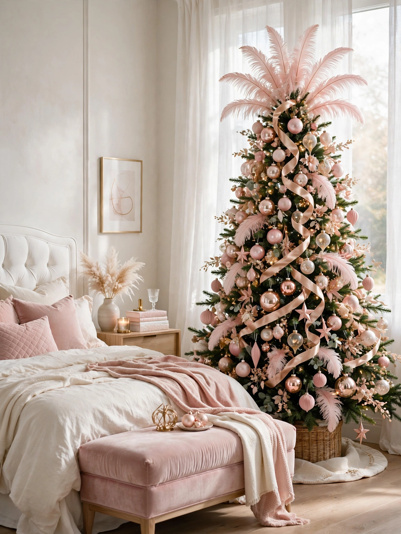 Christmas tree themes for 2026: evergreen with blush pink and rose gold ornaments, feather picks, and satin ribbon in a bright bedroom